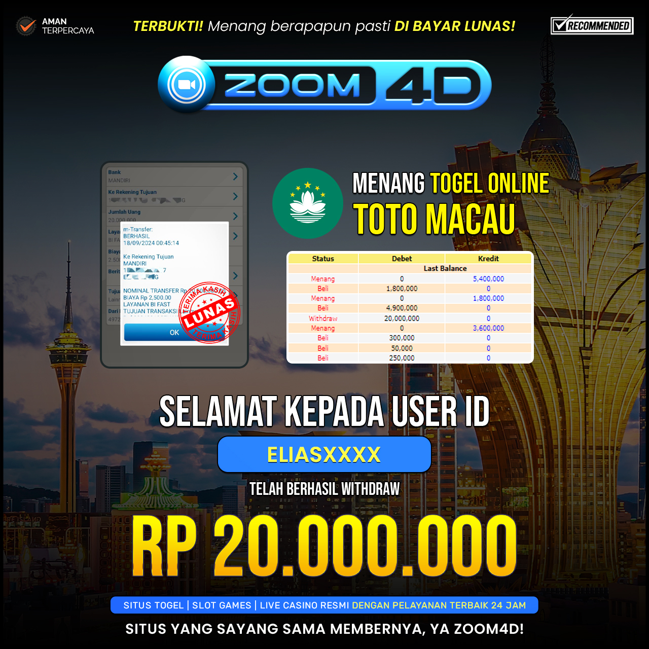 Selamat kepada user ELIASXXXX yang telah berhasil melakukan penarikan sebesar Rp. 20.000.000.