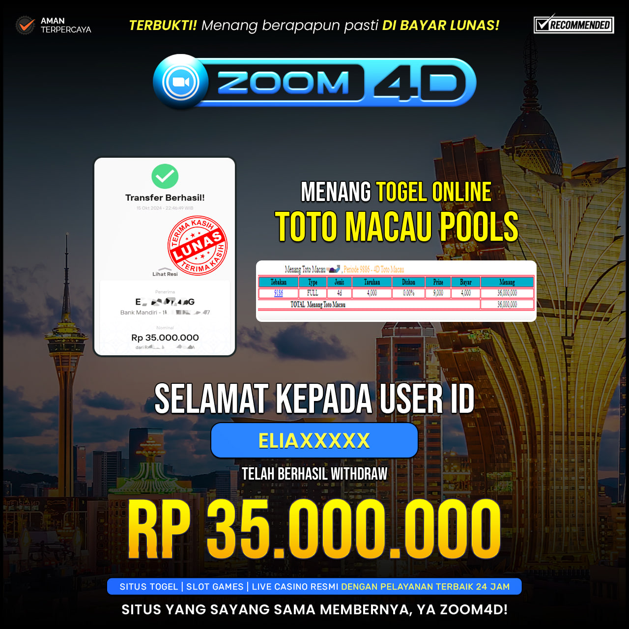 Selamat kepada user ELIASXXX  yang telah berhasil melakukan penarikan sebesar Rp. 35.000.000.