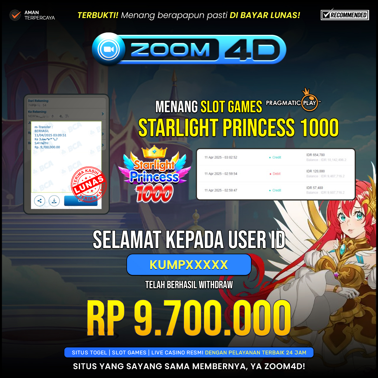 Selamat kepada user KUMPXXX yang telah berhasil melakukan penarikan sebesar Rp. 9.700.000.