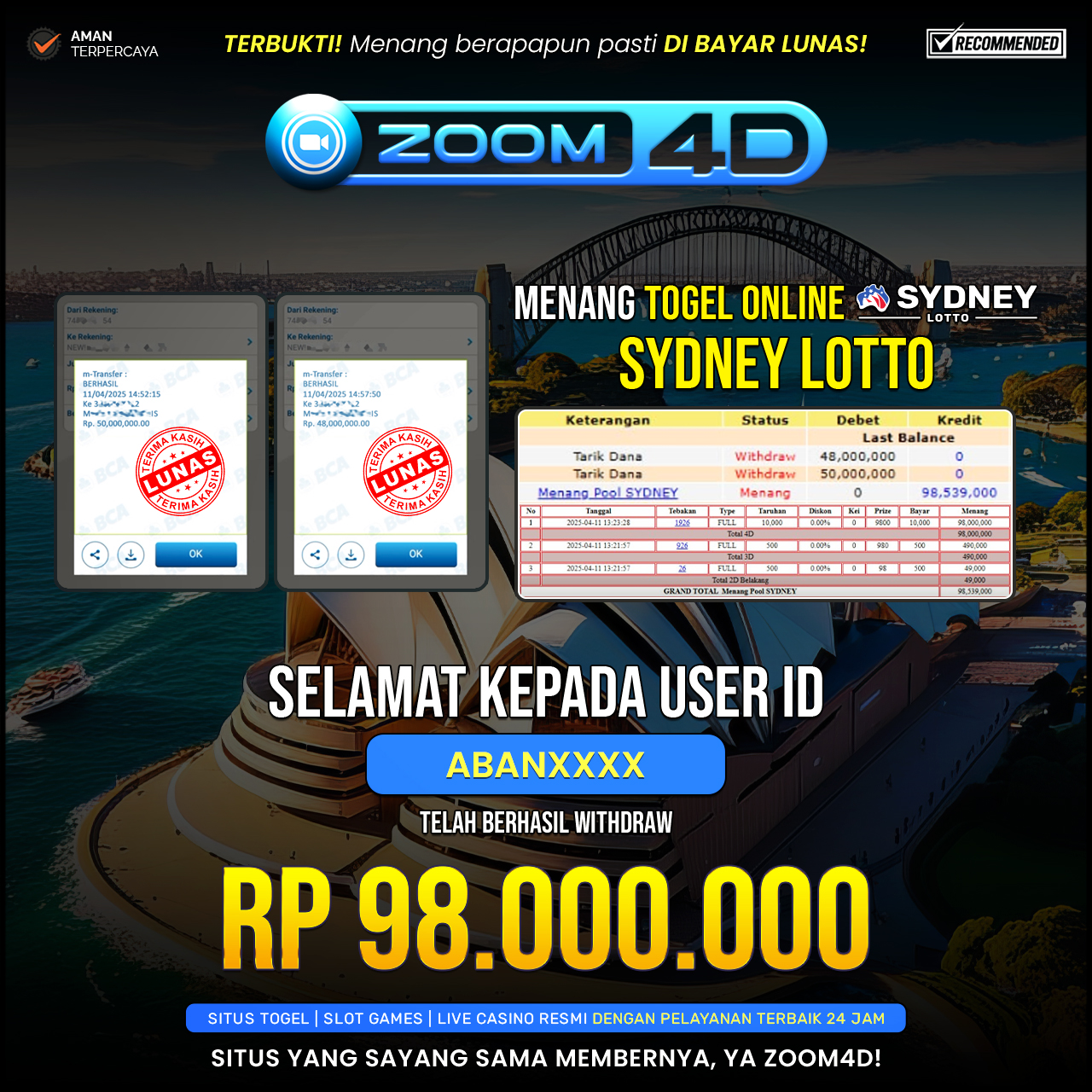 Selamat kepada user ABANXXX yang telah berhasil melakukan penarikan sebesar Rp. 98.000.000.