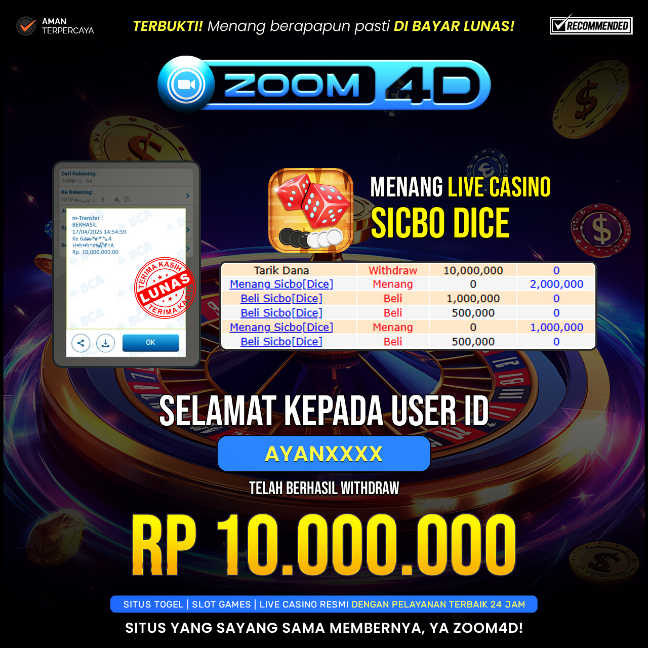 Selamat kepada user AYANXXX yang telah berhasil melakukan penarikan sebesar Rp. 10.000.000.