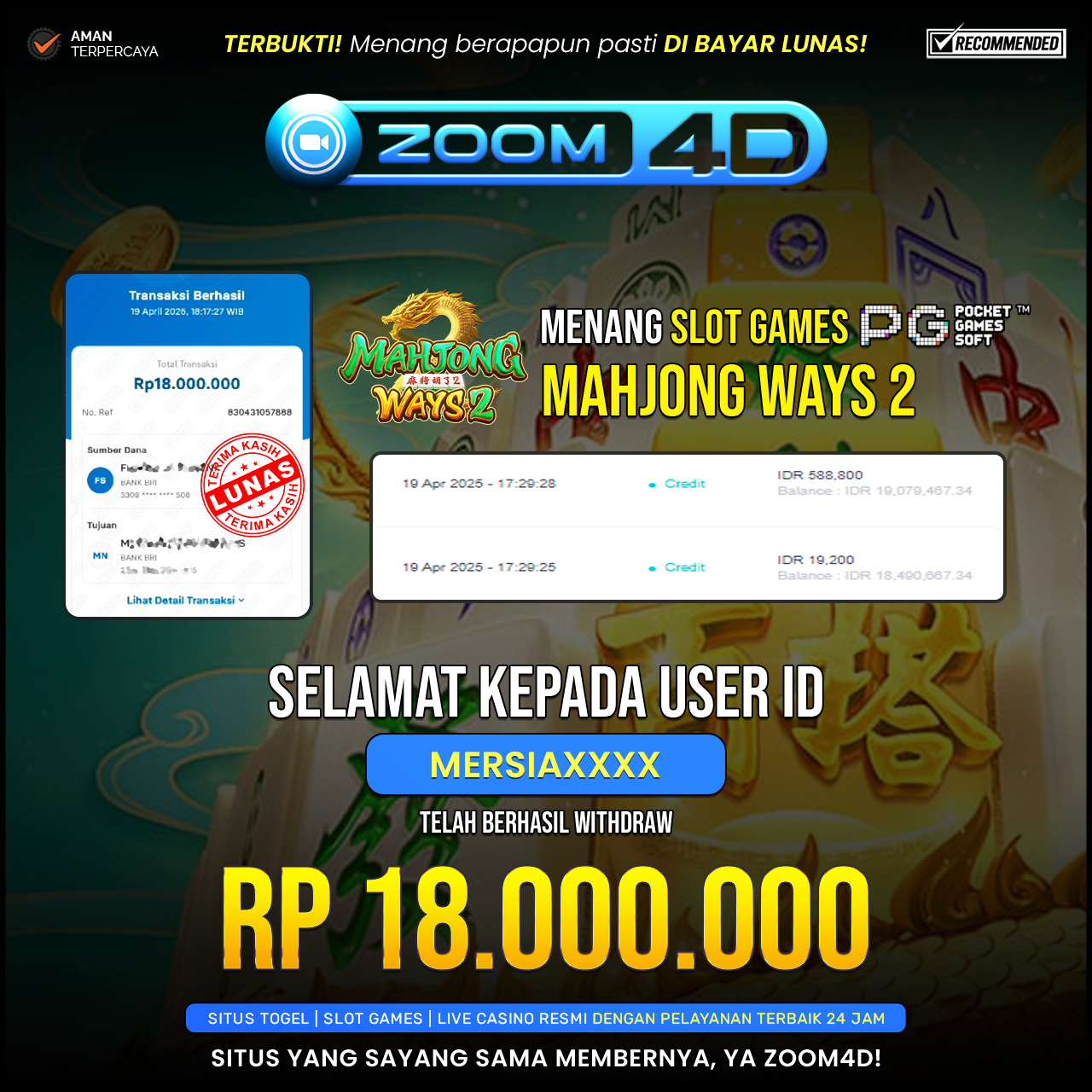 Selamat kepada user MERSIAXXX yang telah berhasil melakukan penarikan sebesar Rp. 18.000.000.