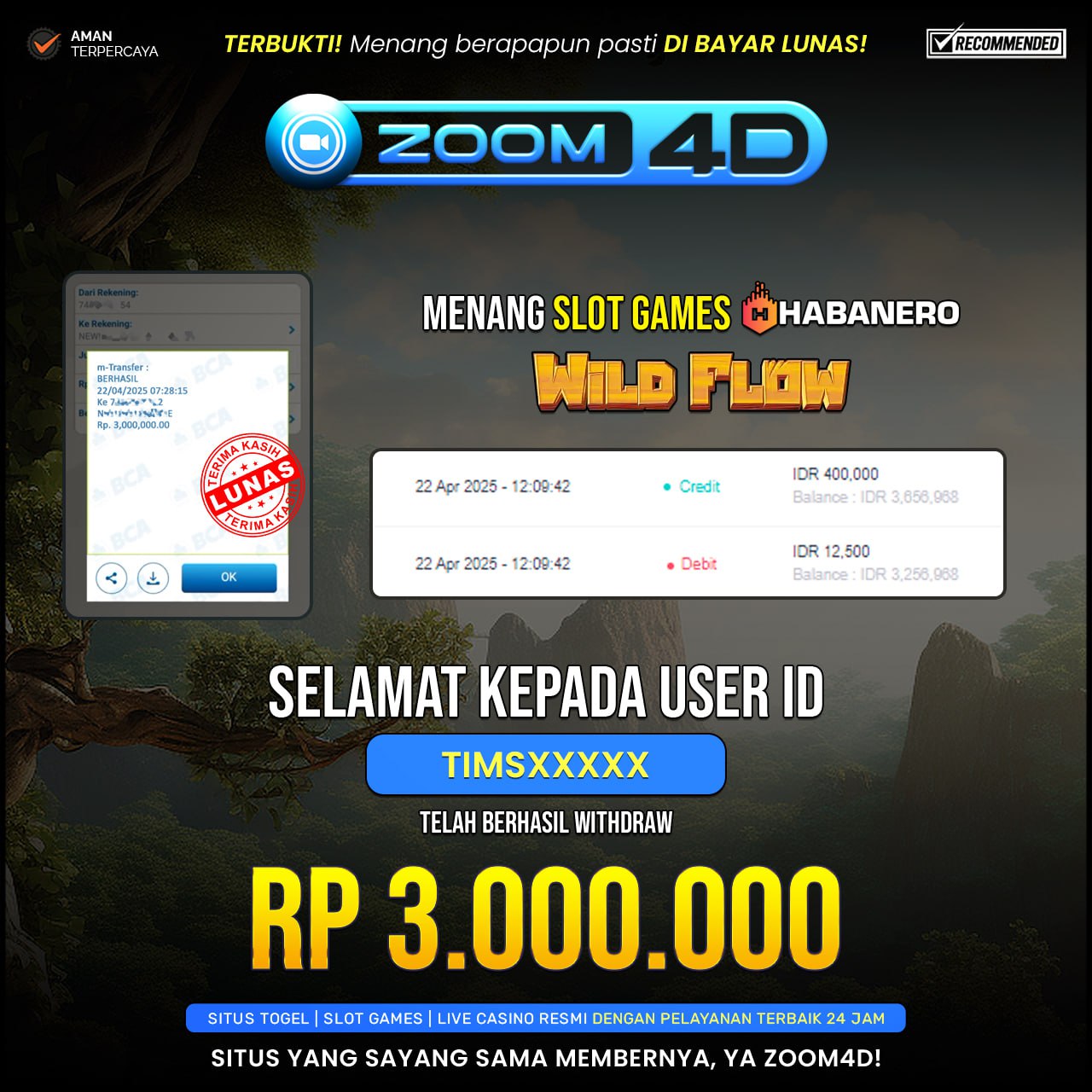 Selamat kepada user TIMSXXXX yang telah berhasil melakukan penarikan sebesar Rp. 3.000.000.