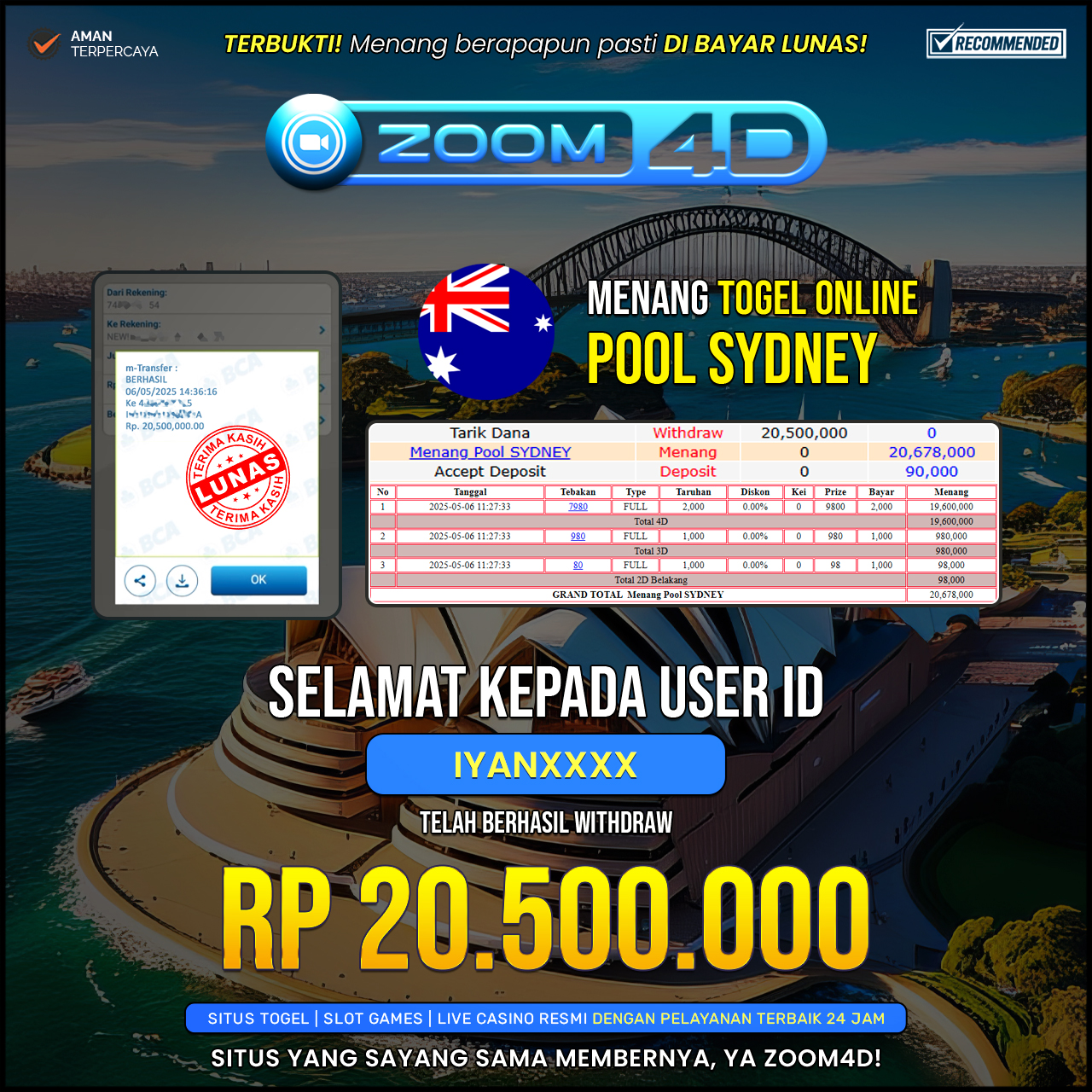Selamat kepada user IYANXXX yang telah berhasil melakukan penarikan sebesar Rp. 20.500.000.