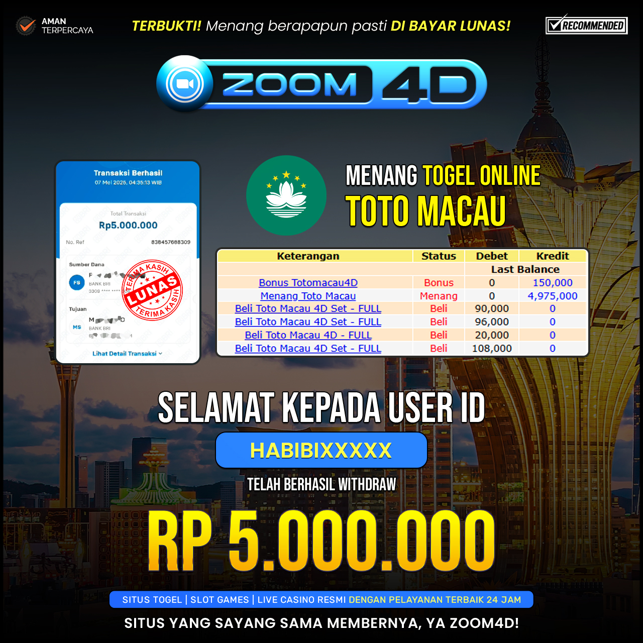 Selamat kepada user HABIBIXXX yang telah berhasil melakukan penarikan sebesar Rp. 5.000.000.