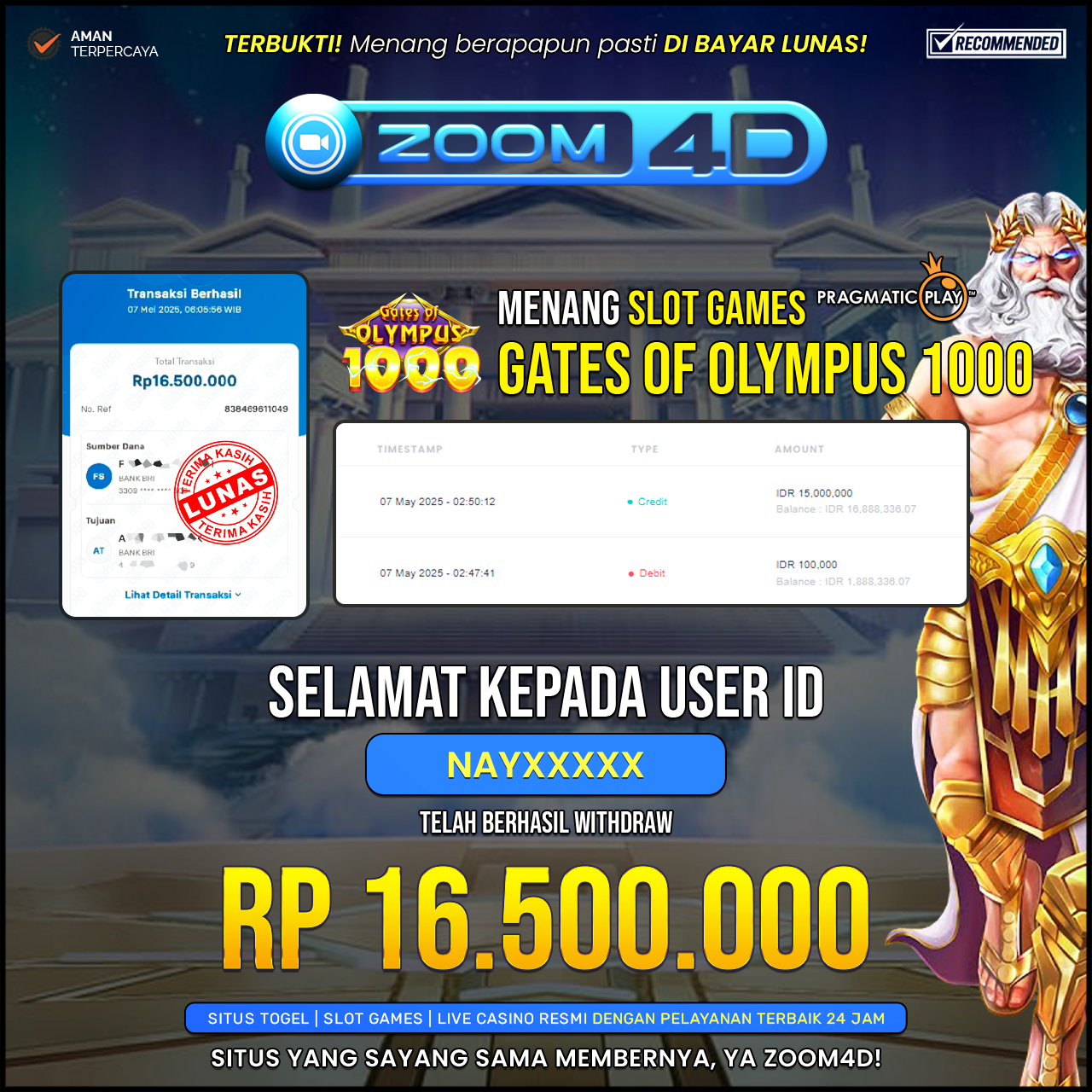 Selamat kepada user NAYXXX yang telah berhasil melakukan penarikan sebesar Rp. 16.500.000.
