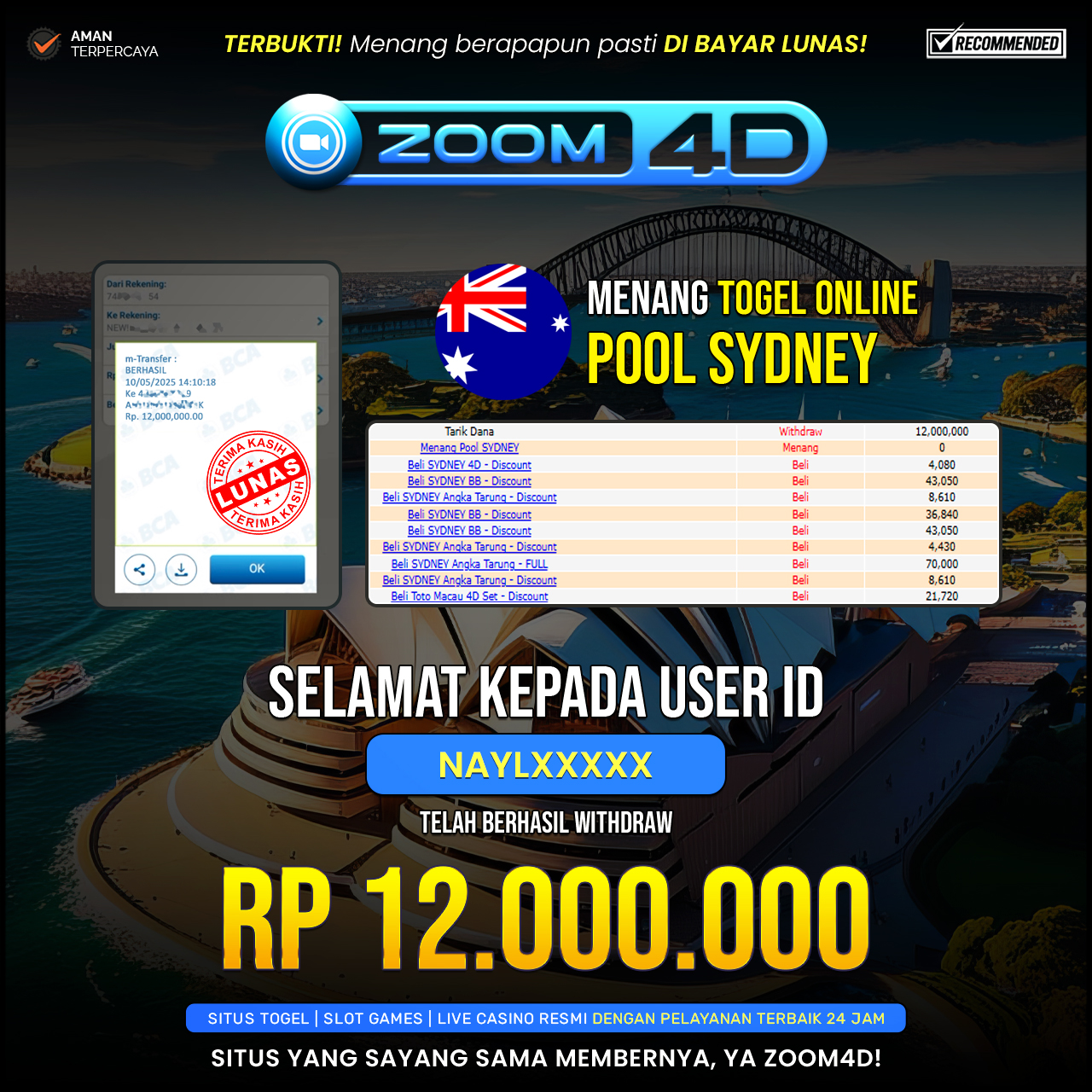 Selamat kepada user NAYXXX yang telah berhasil melakukan penarikan sebesar Rp. 12.000.000.