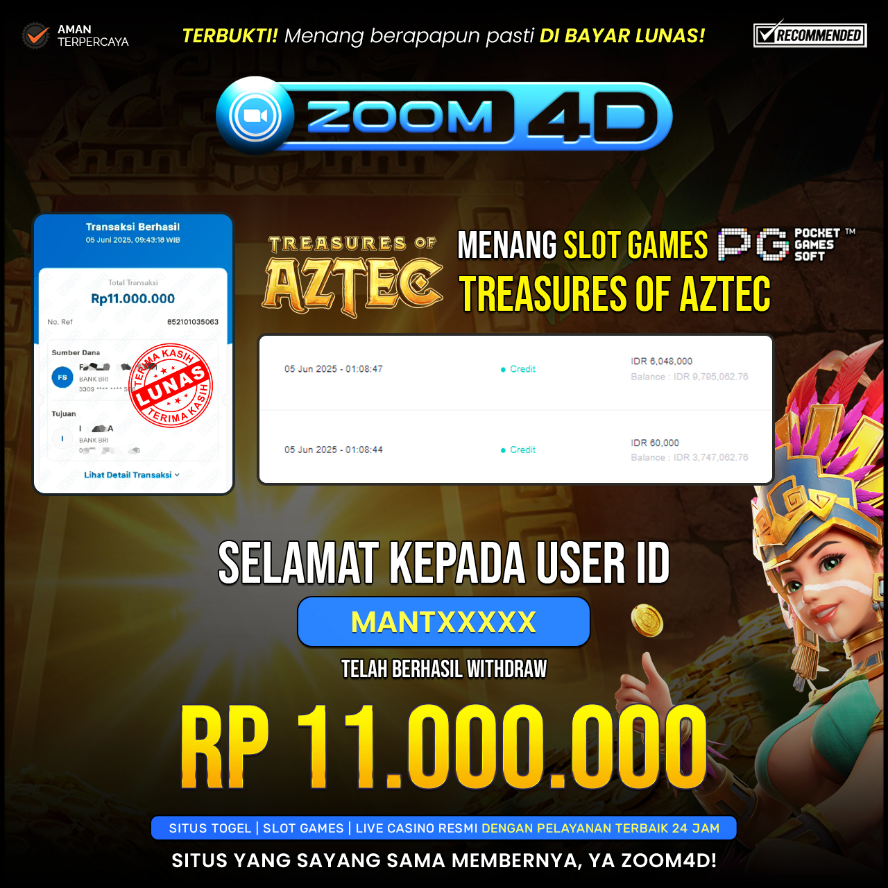Selamat kepada user MANTXXXX yang telah berhasil melakukan penarikan sebesar Rp. 11.000.000.