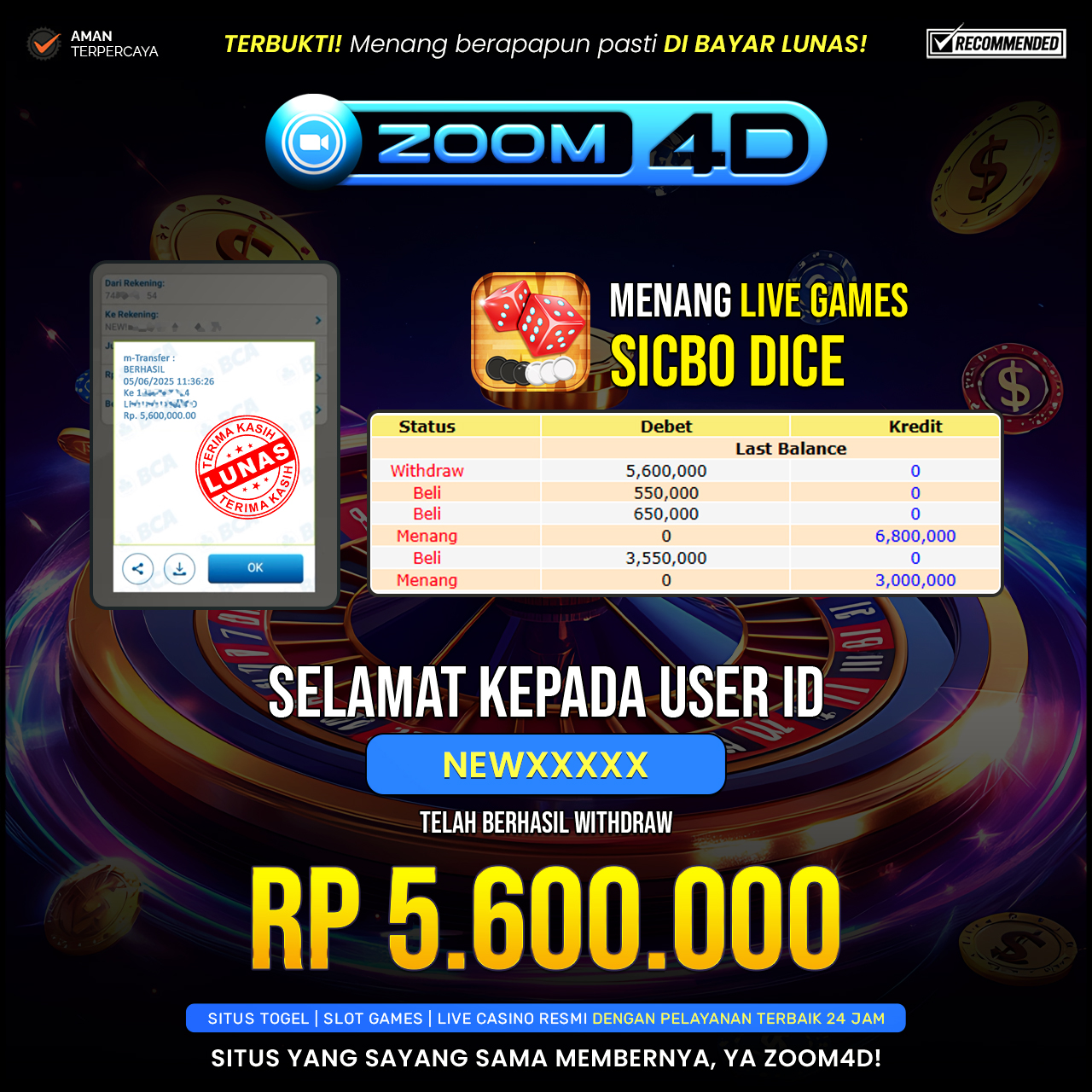 Selamat kepada user NEWXXXX yang telah berhasil melakukan penarikan sebesar Rp. 5.600.000.