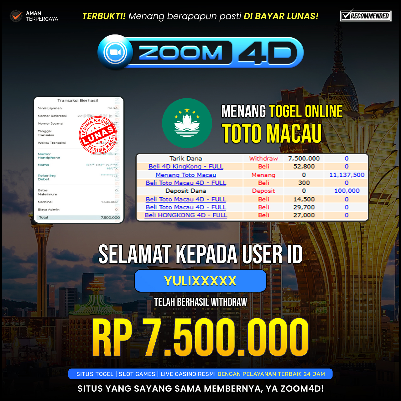 Selamat kepada user YULIXXXX yang telah berhasil melakukan penarikan sebesar Rp. 7.500.000.