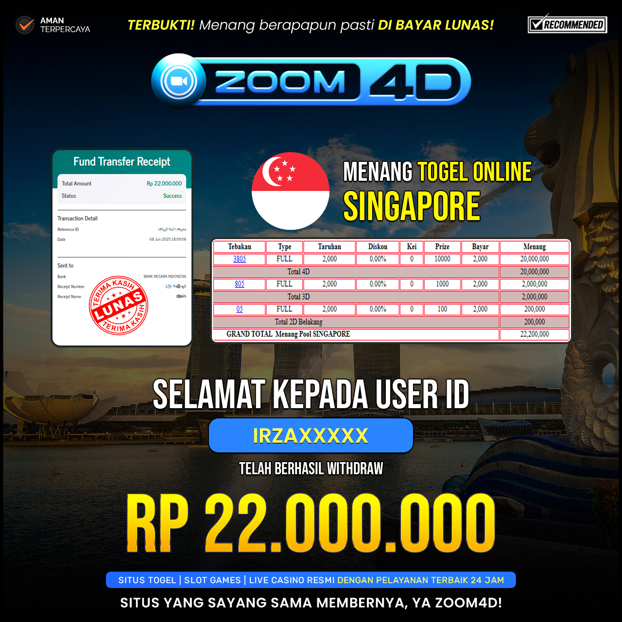 Selamat kepada user IRZAXXXX yang telah berhasil melakukan penarikan sebesar Rp. 22.000.000.