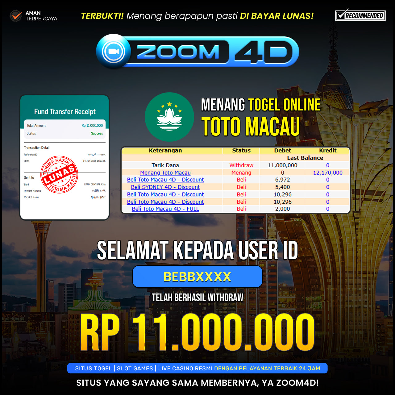 Selamat kepada user DEBXXXX yang telah berhasil melakukan penarikan sebesar Rp. 11.000.000.