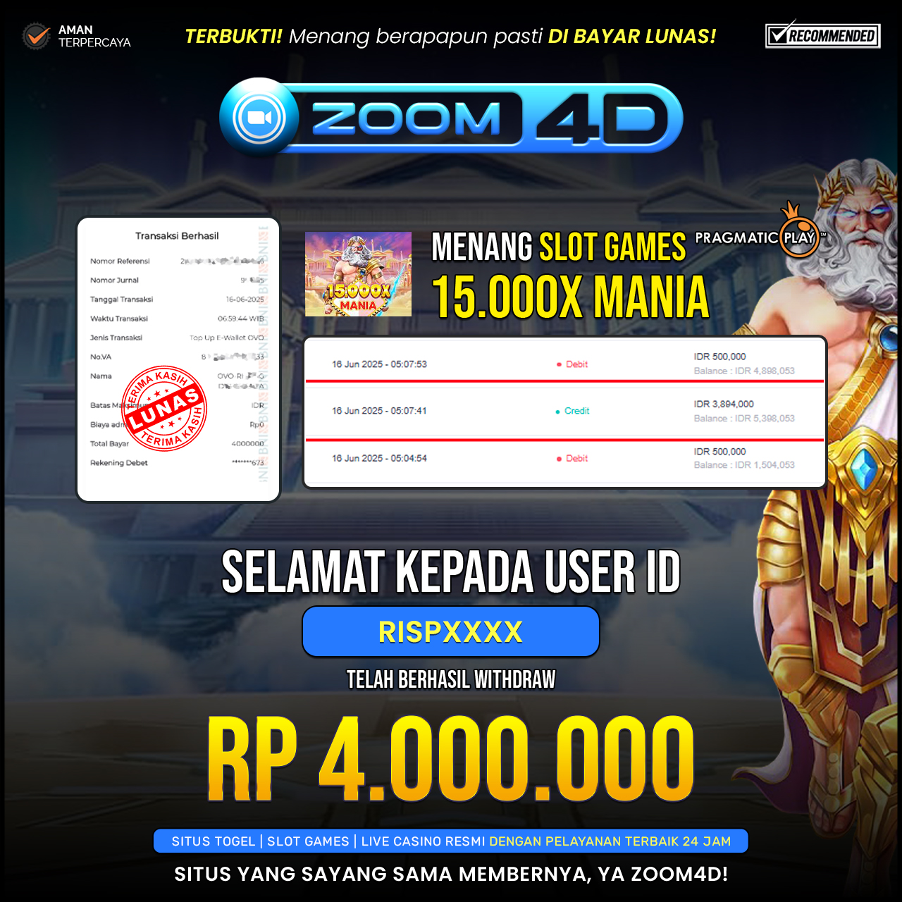 Selamat kepada user RISPXXXX yang telah berhasil melakukan penarikan sebesar Rp. 4.000.000.