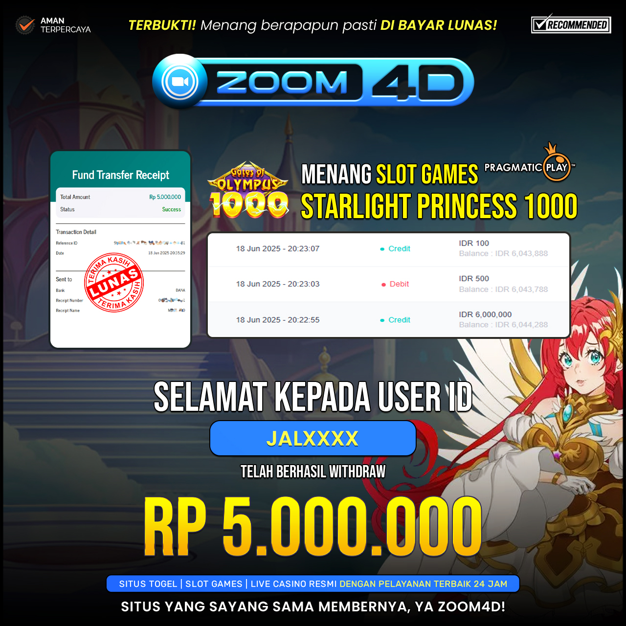 Selamat kepada user JALXXXX yang telah berhasil melakukan penarikan sebesar Rp. 5.000.000.