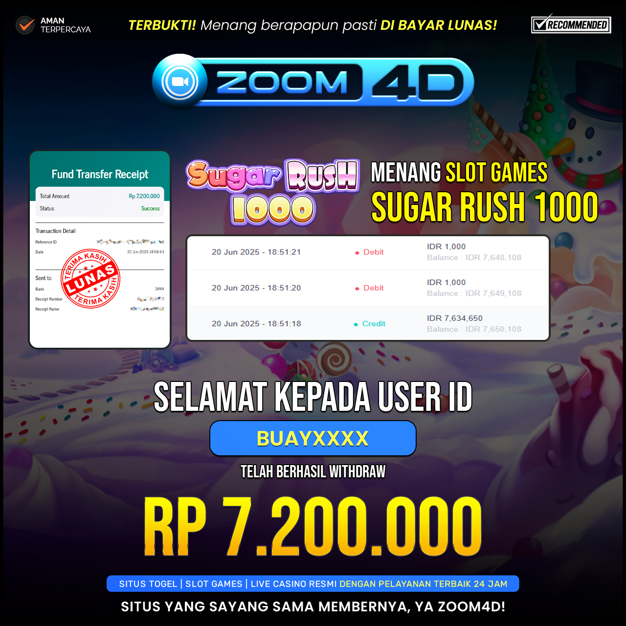Selamat kepada user BUAYXXXX yang telah berhasil melakukan penarikan sebesar Rp. 7.200.000.