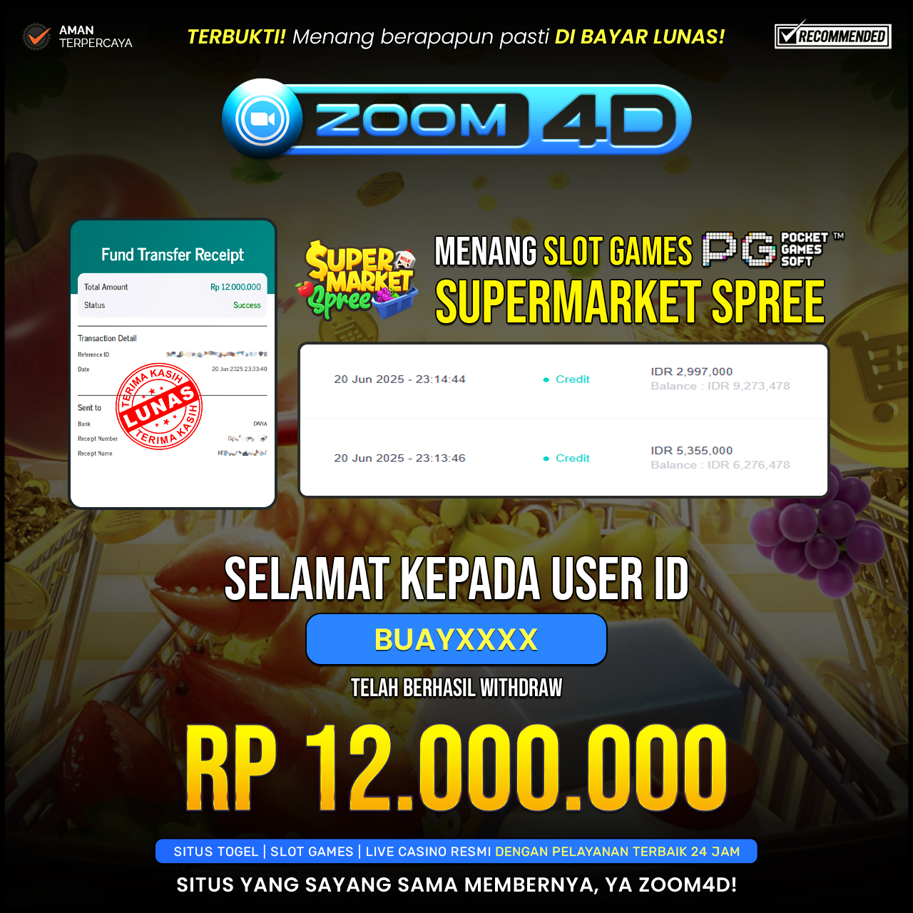 Selamat kepada user BUAYIXXXX yang telah berhasil melakukan penarikan sebesar Rp. 12.000.000.