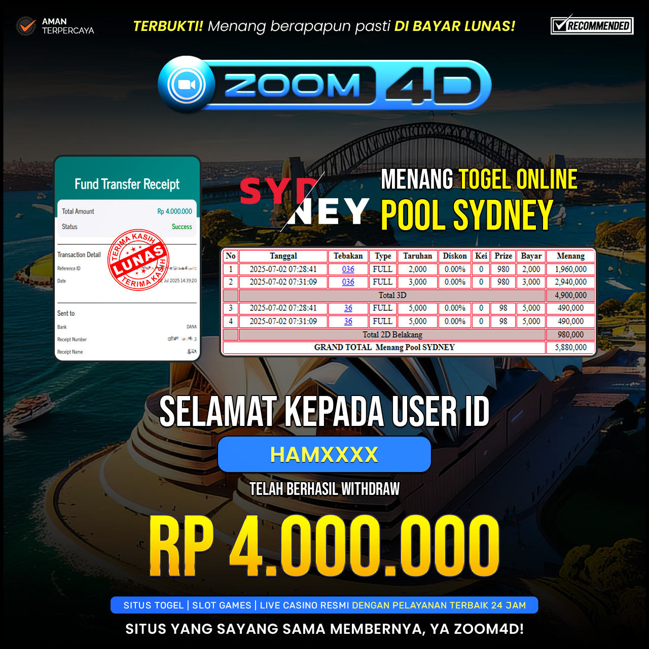 Selamat kepada user HAMXXX yang telah berhasil melakukan penarikan sebesar Rp.4.000.000.