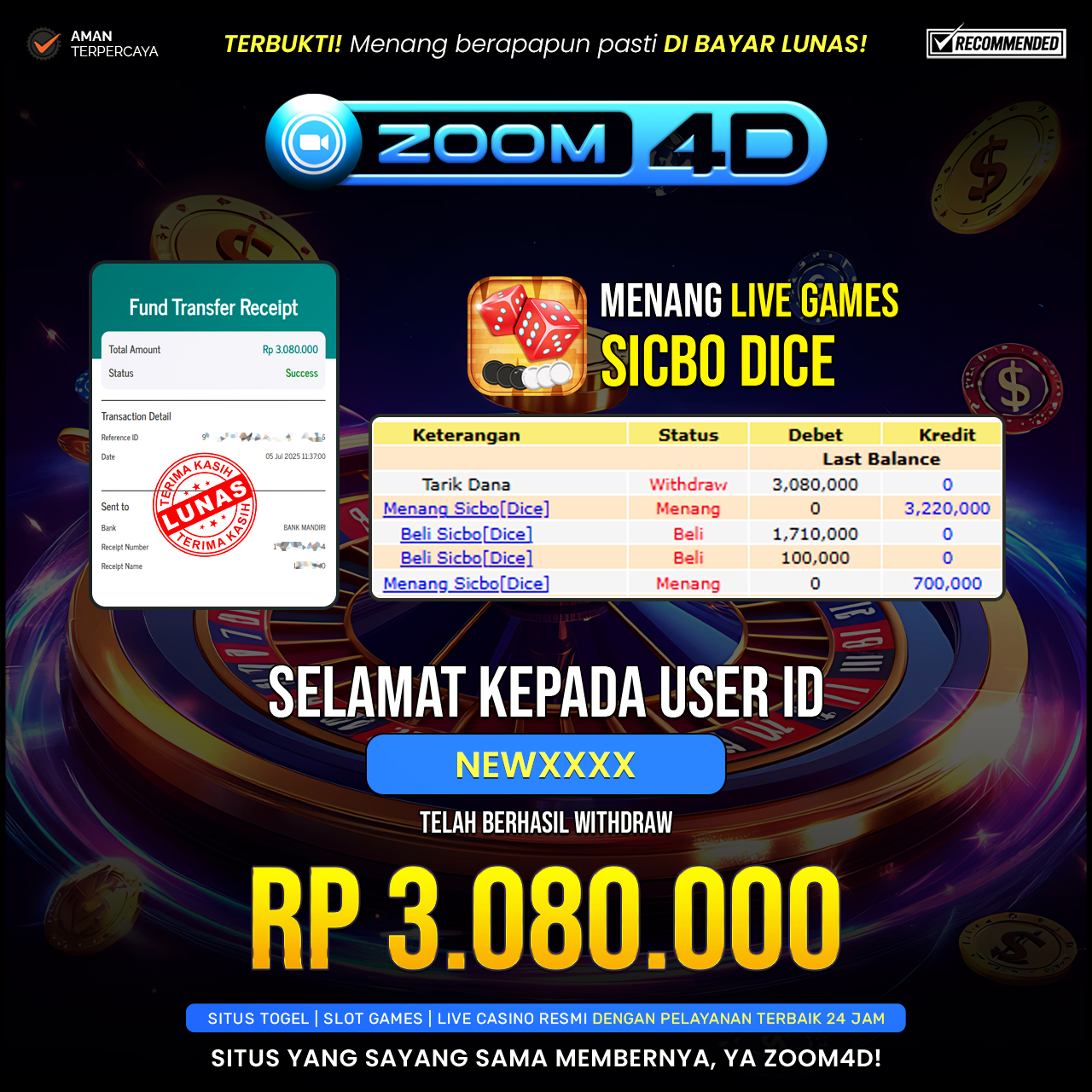 Selamat kepada user NEWXXXX yang telah berhasil melakukan penarikan sebesar Rp.3.580.000.