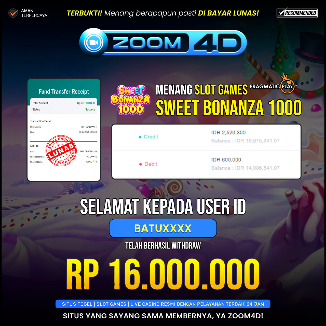 Selamat kepada user BATUXXX yang telah berhasil melakukan penarikan sebesar Rp.16.000.000.