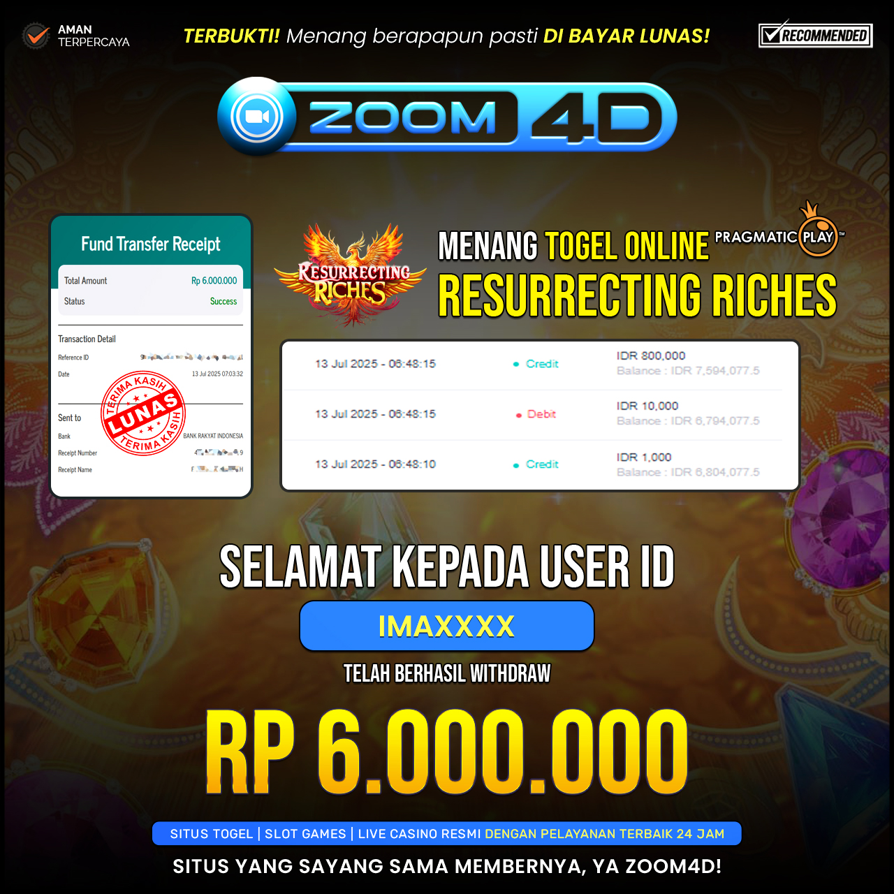Selamat kepada user IMAXXX yang telah berhasil melakukan penarikan sebesar Rp.6.000.000.