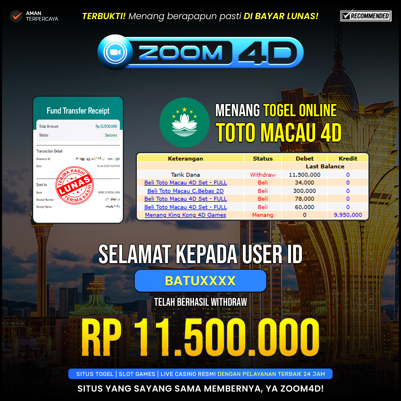 Selamat kepada user BARUXXX yang telah berhasil melakukan penarikan sebesar Rp.11.500.000.