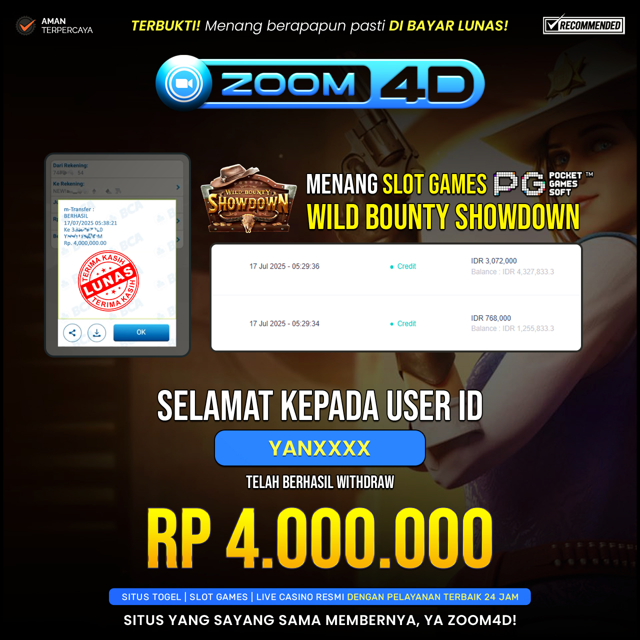Selamat kepada user YANXXX yang telah berhasil melakukan penarikan sebesar Rp.4.000.000.