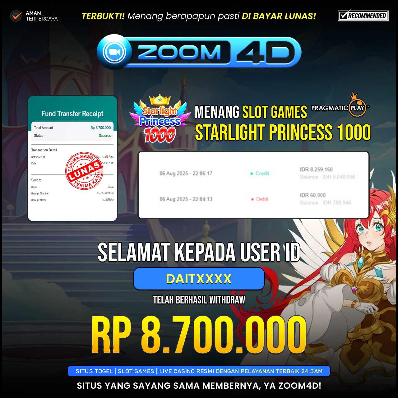 Selamat kepada user DAITXXX yang telah berhasil melakukan penarikan sebesar Rp.8.700.000.