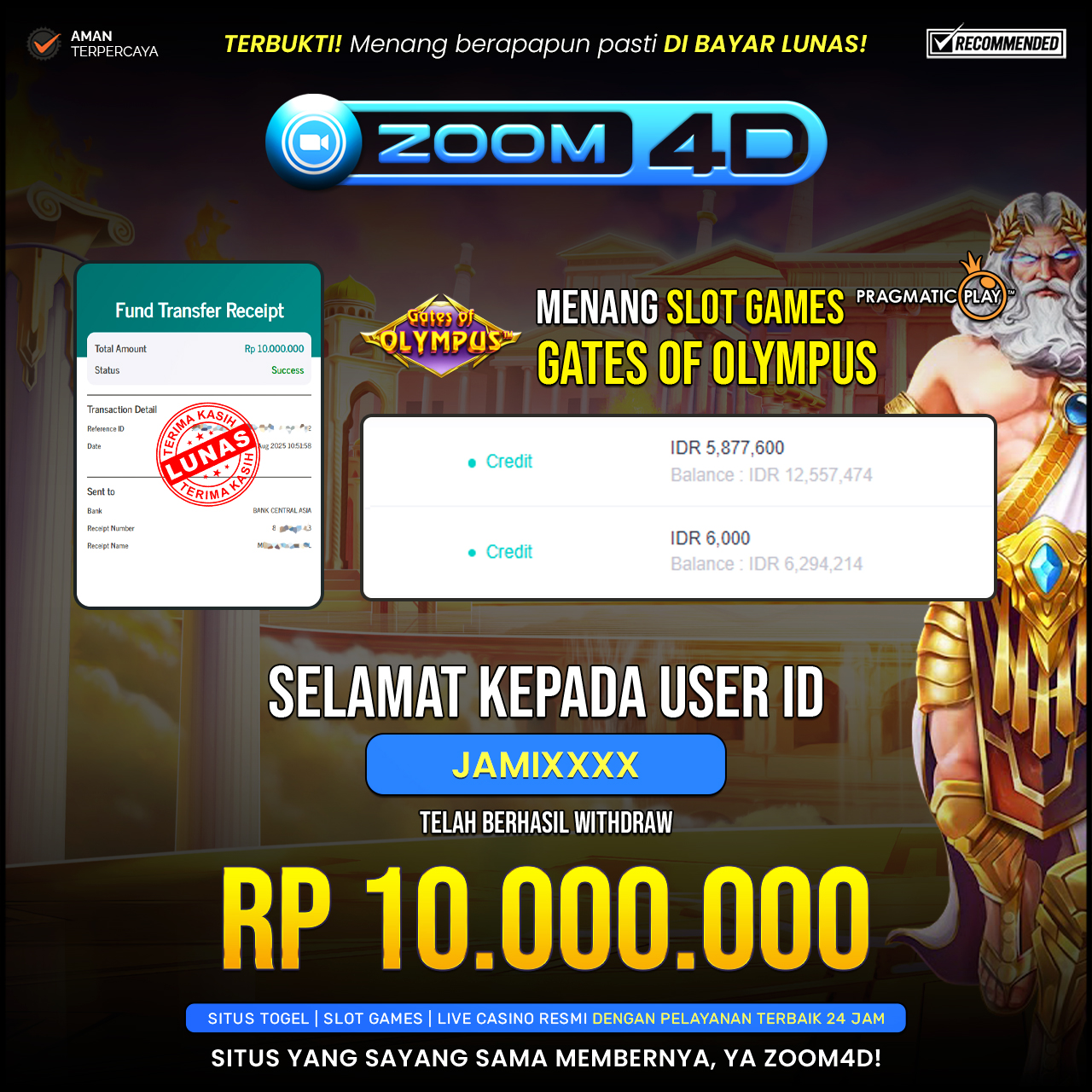 Selamat kepada user JAMIXXX yang telah berhasil melakukan penarikan sebesar Rp.10.000.000.
