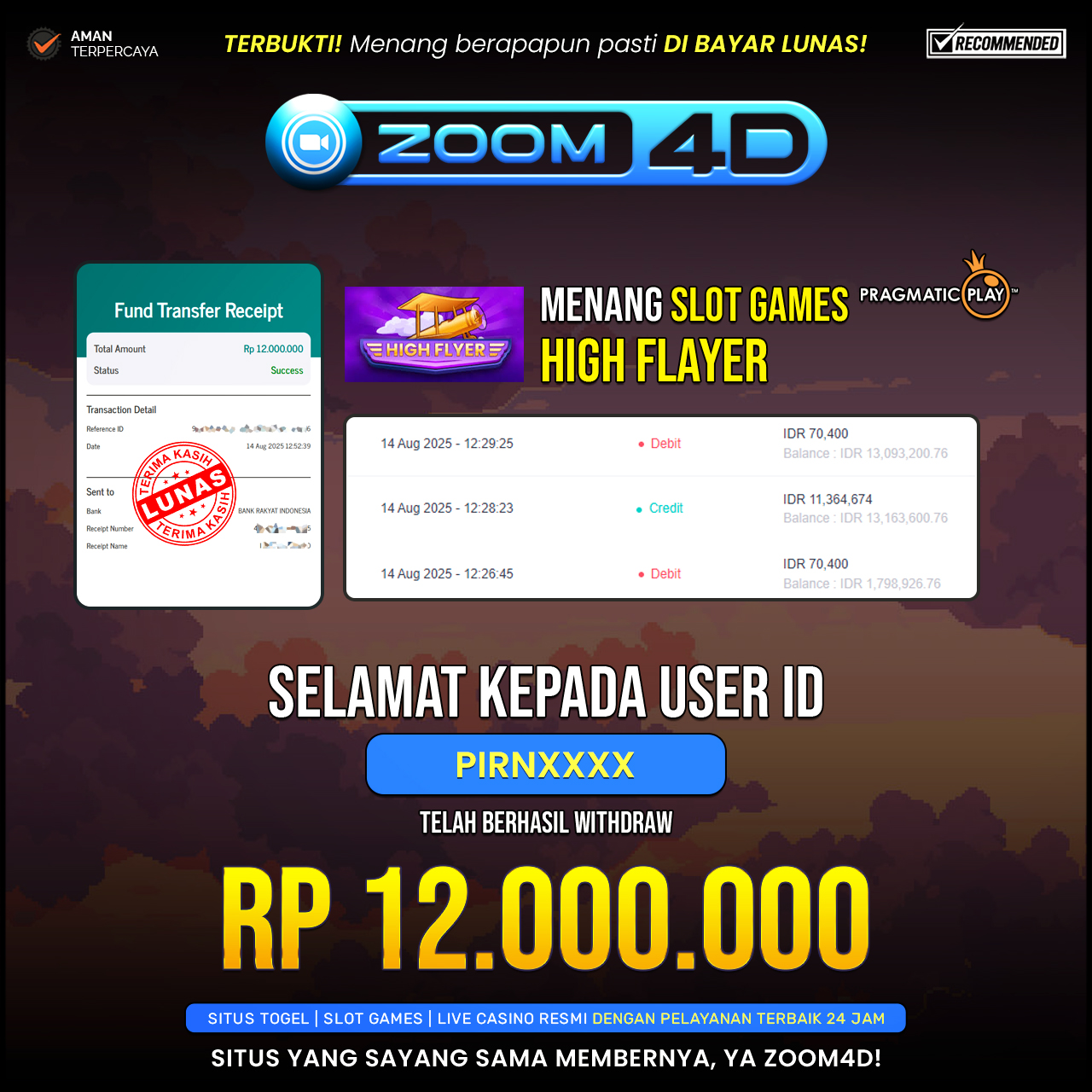 Selamat Kepada user PIRNXXX yang baru saja membuktikan ketangguhannya dengan WITDRAW sensasional sebesar Rp.12.000.000.