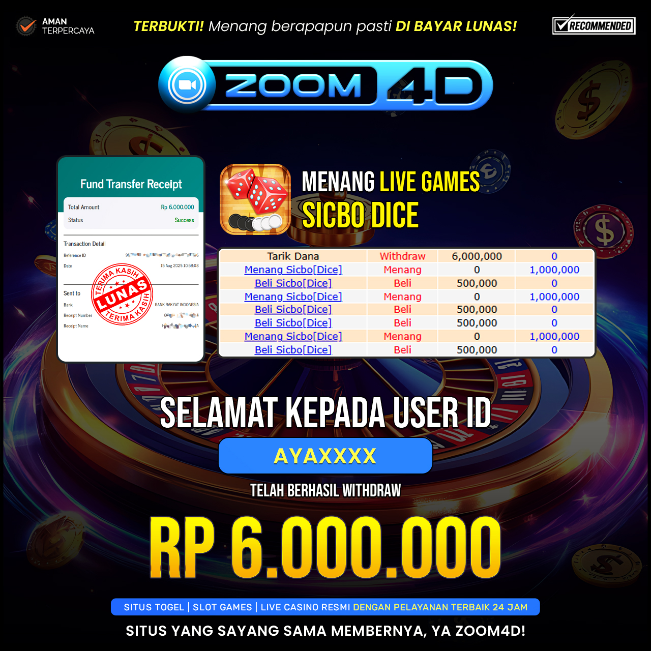 Selamat Kepada user AYANAXXX yang baru saja membuktikan ketangguhannya dengan WITDRAW sensasional sebesar Rp.6.000.000.