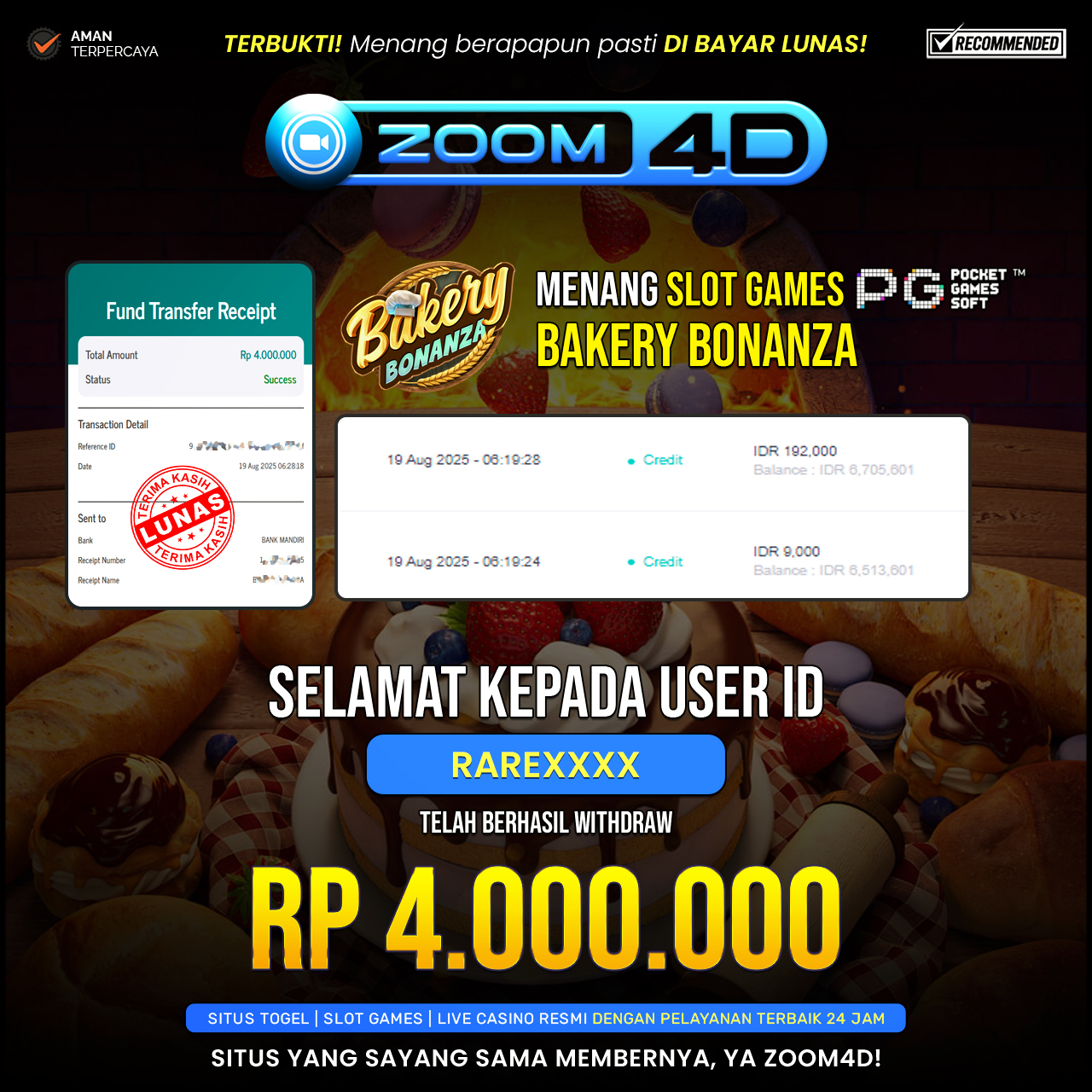 Selamat Kepada user RAREXXXX yang baru saja membuktikan ketangguhannya dengan WITDRAW sensasional sebesar Rp.4.000.000.