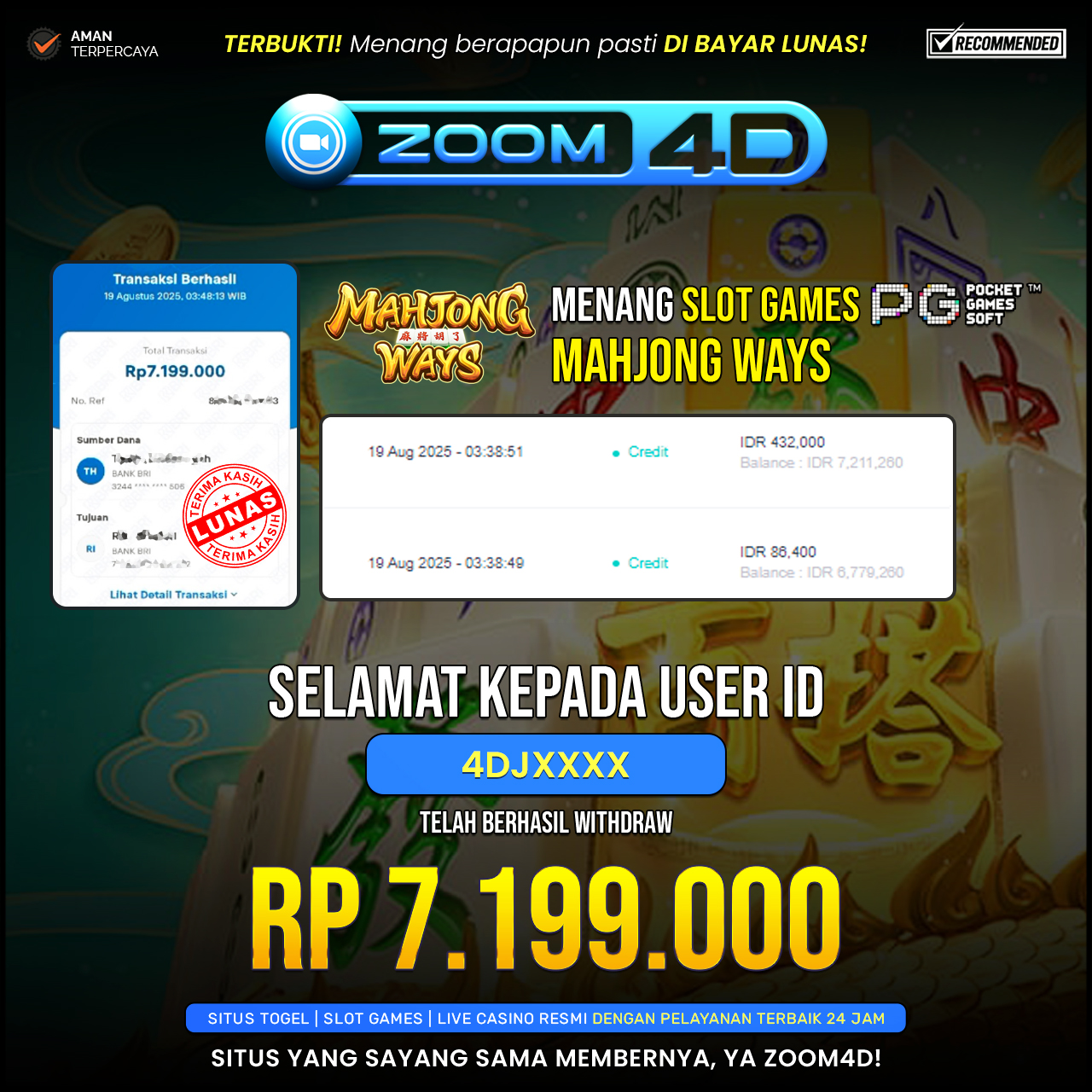 Selamat Kepada user 4DJXXX yang baru saja membuktikan ketangguhannya dengan WITDRAW sensasional sebesar Rp.7.199.000.
