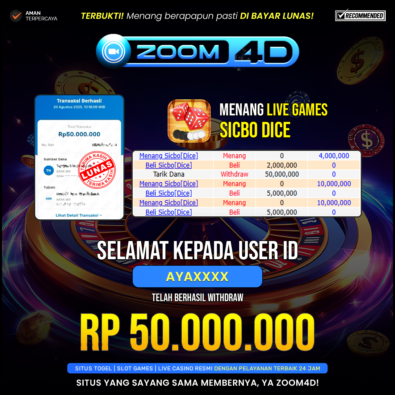 Selamat Kepada user AYAXXX yang baru saja membuktikan ketangguhannya dengan WITDRAW sensasional sebesar Rp.50.000.000.