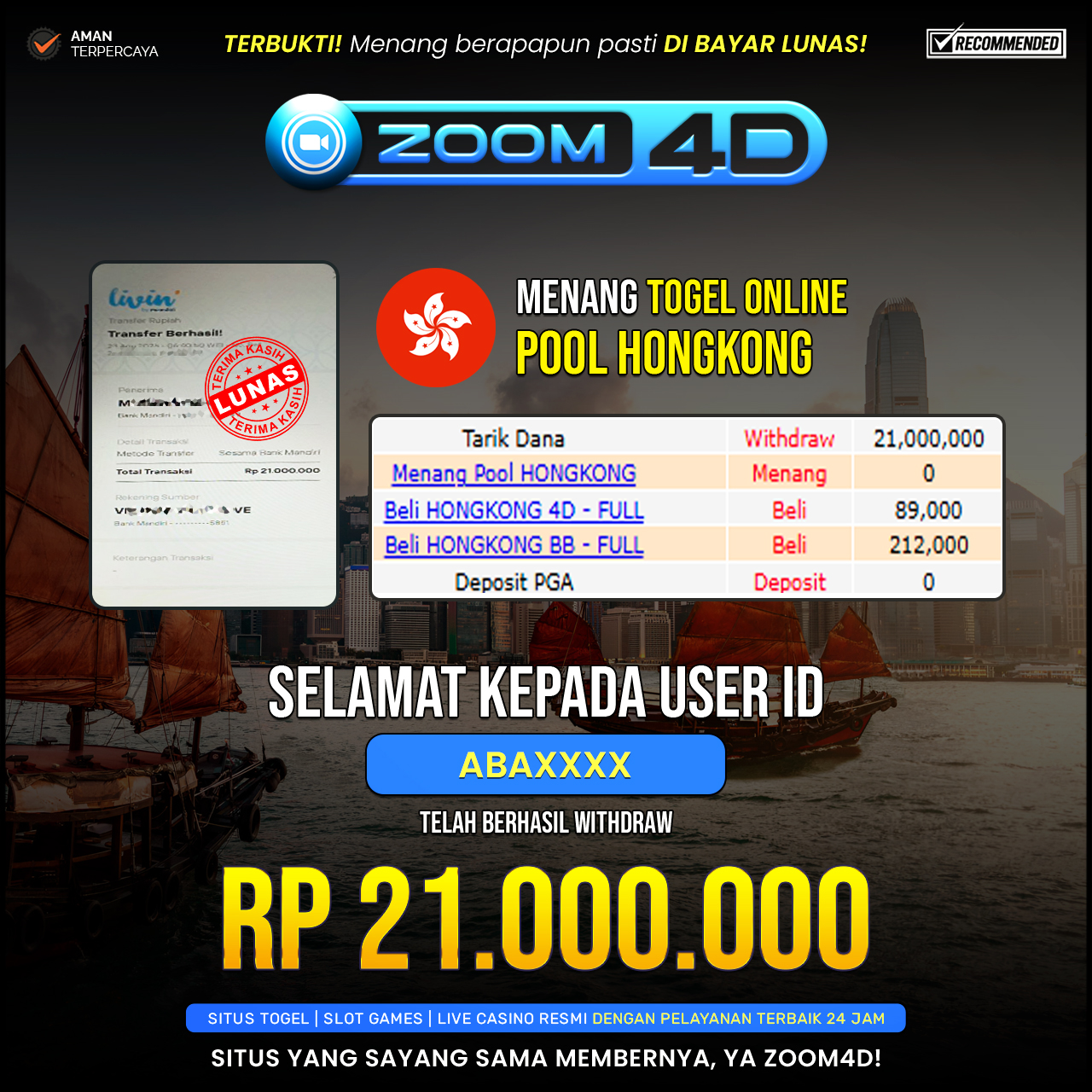 Selamat Kepada user ABAXXXX yang baru saja membuktikan ketangguhannya dengan WITDRAW sensasional sebesar Rp.21.000.000.