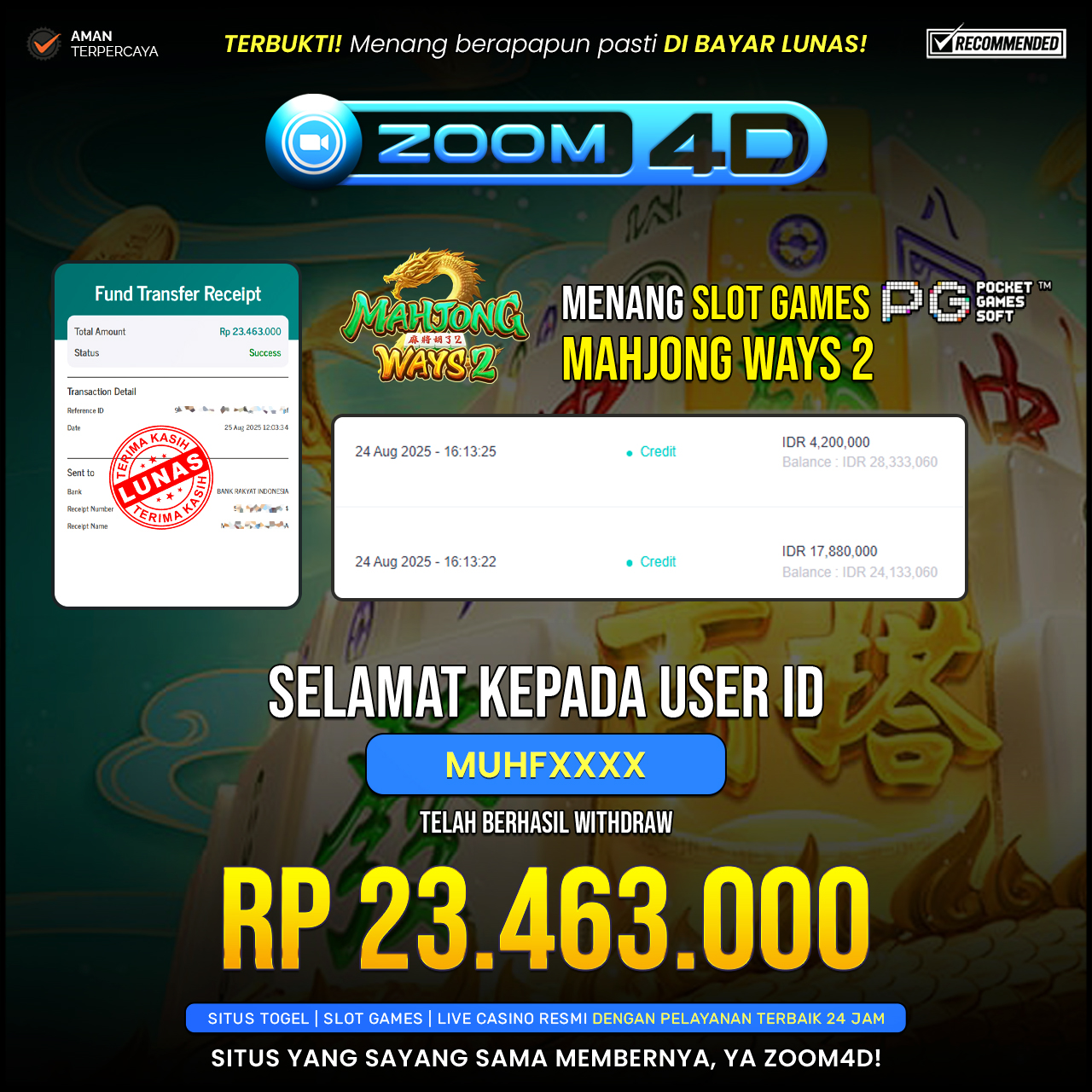 Selamat Kepada user MUHFXXX yang baru saja membuktikan ketangguhannya dengan WITDRAW sensasional sebesar Rp.23.463.000.