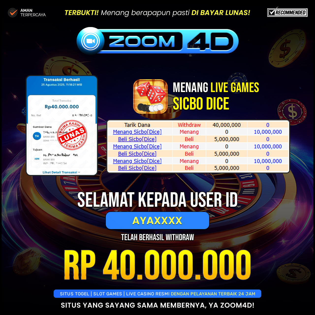 Selamat Kepada user AYAXXX yang baru saja membuktikan ketangguhannya dengan WITDRAW sensasional sebesar Rp.40.000.000.