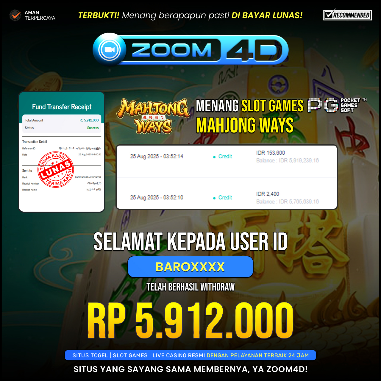 Selamat Kepada user BAROXXX yang baru saja membuktikan ketangguhannya dengan WITDRAW sensasional sebesar Rp.5.912.000.