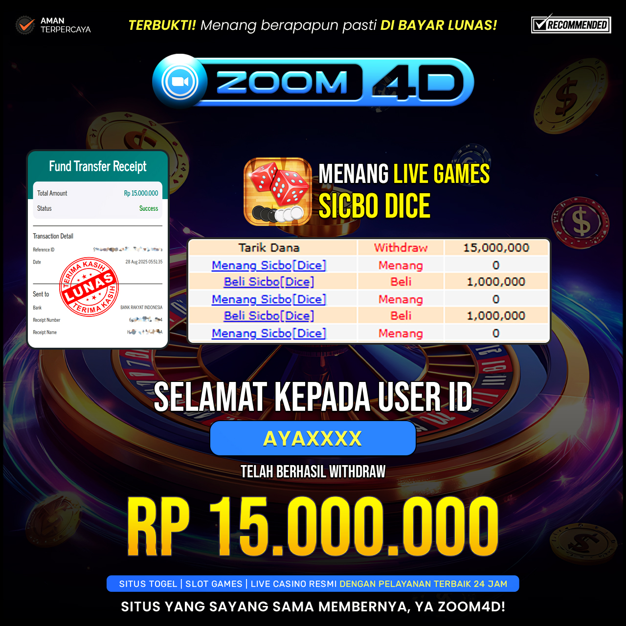 Selamat Kepada user AYAXXX yang baru saja membuktikan ketangguhannya dengan WITDRAW sensasional sebesar Rp.15.000.000.