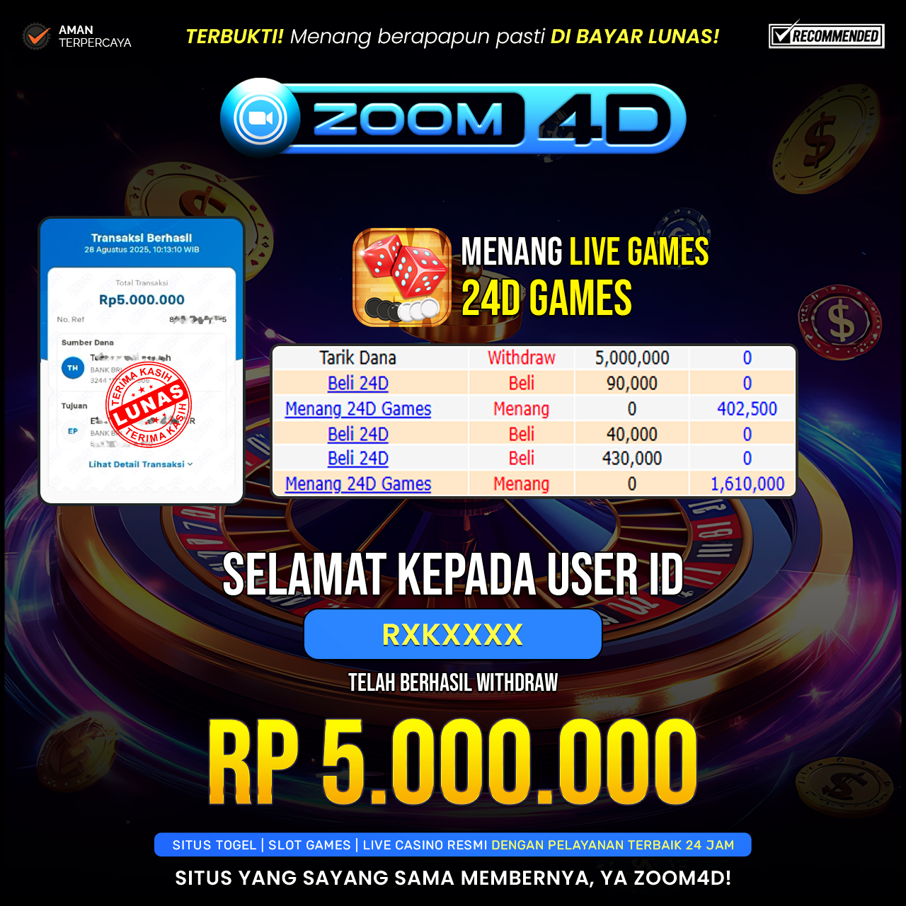 Selamat Kepada user RKXKXXXX yang baru saja membuktikan ketangguhannya dengan WITDRAW sensasional sebesar Rp.5.000.000.
