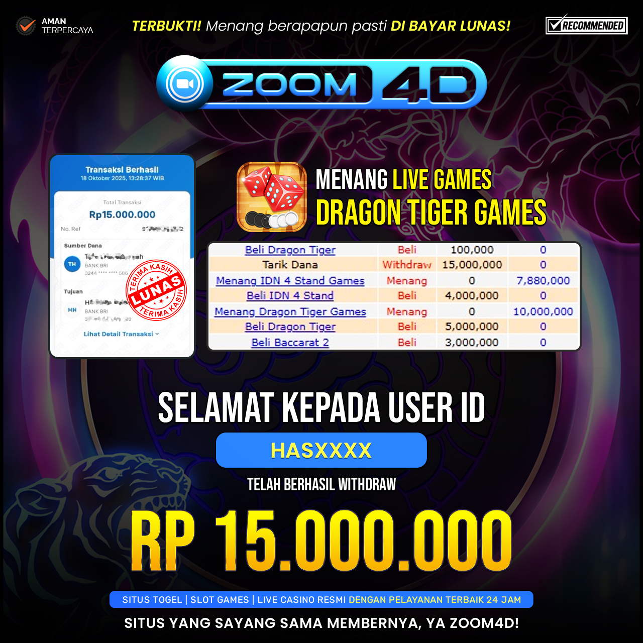 Selamat Kepada user HASXXXX  yang baru saja membuktikan ketangguhannya dengan WITHDRAW sensasional sebesar Rp.15.000.000.