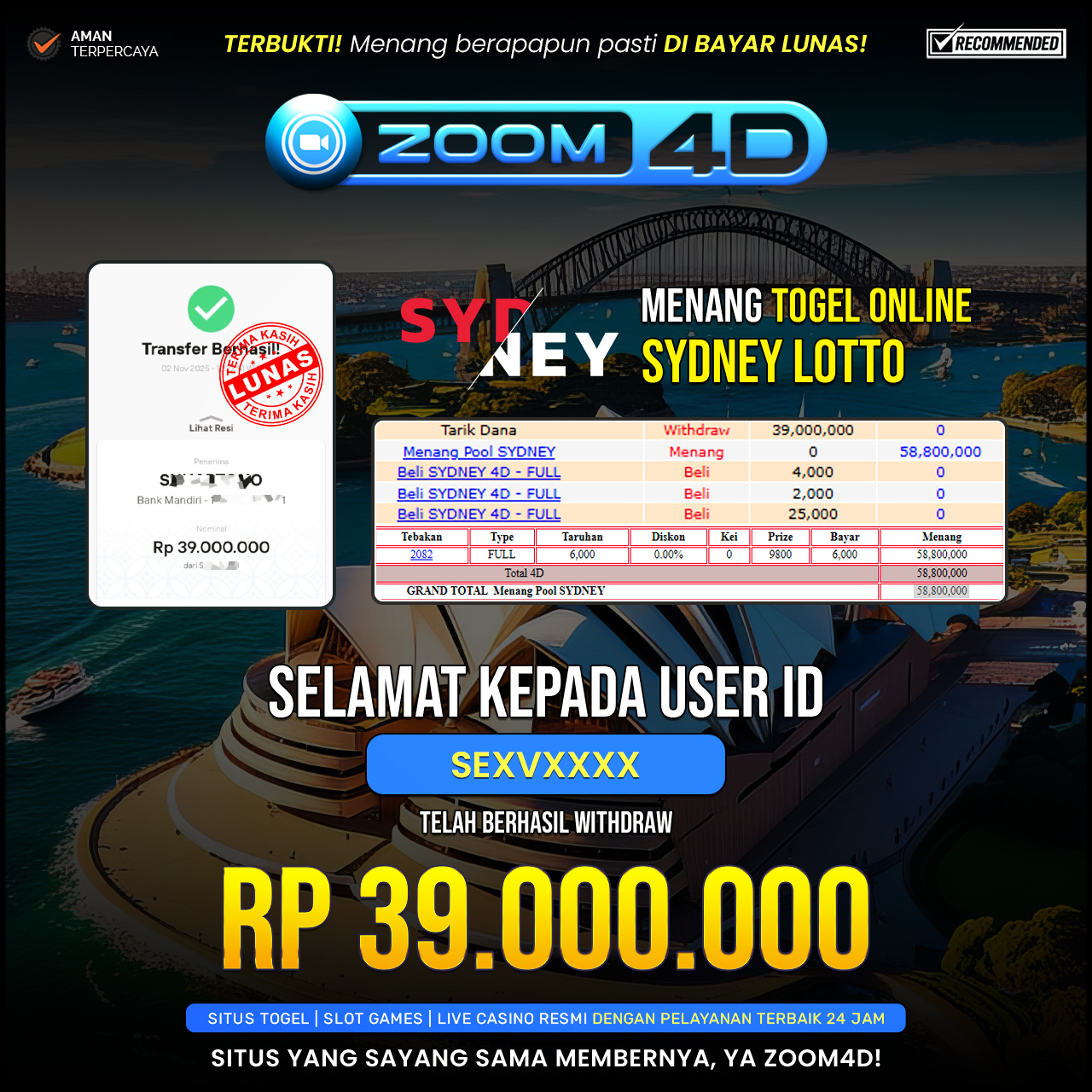 Selamat Kepada user SEXVXXXX  yang baru saja membuktikan ketangguhannya dengan WITHDRAW sensasional sebesar Rp.39.000.000.