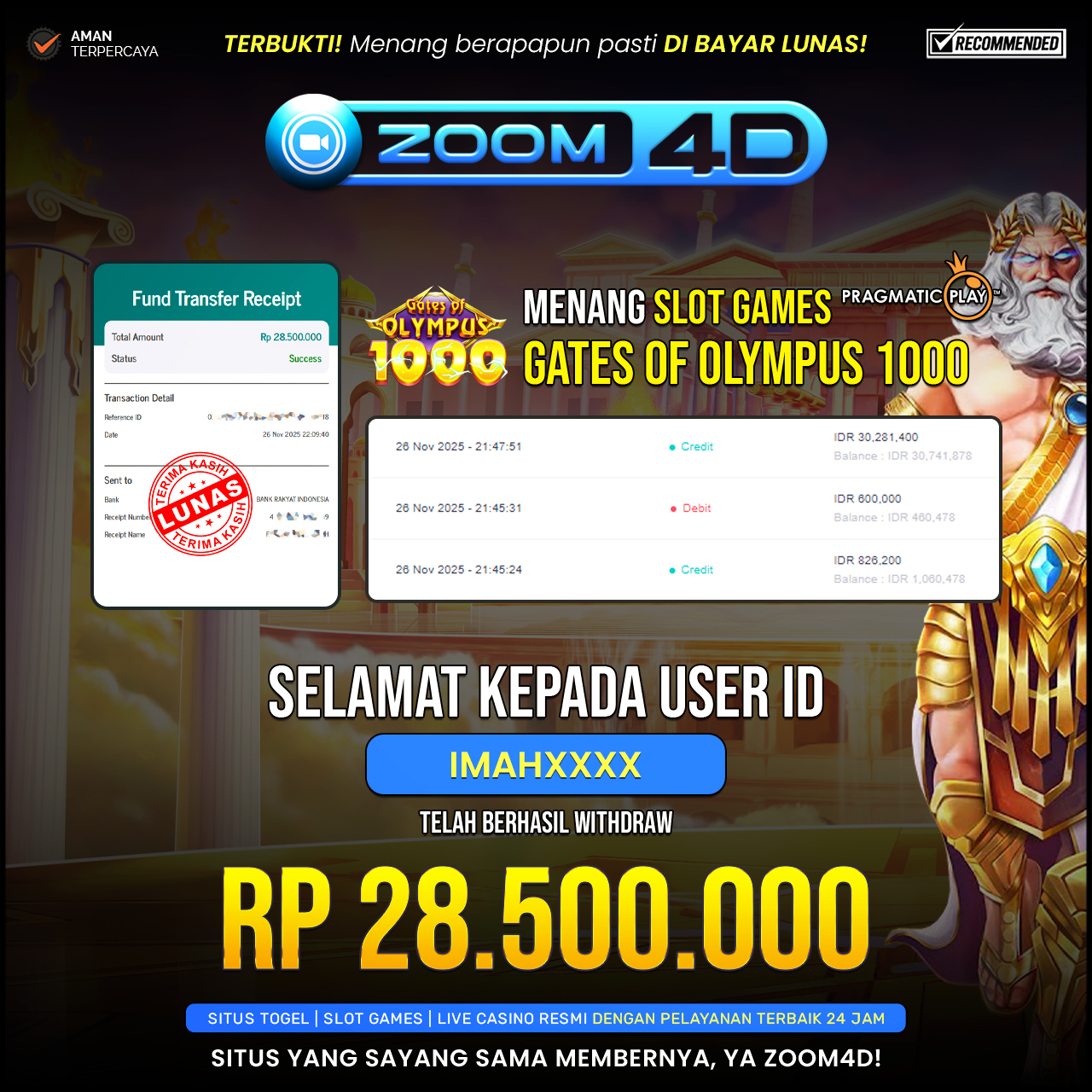 Selamat Kepada user IMAXXXX  yang baru saja membuktikan ketangguhannya dengan WITHDRAW sensasional sebesar Rp.28.500.000.