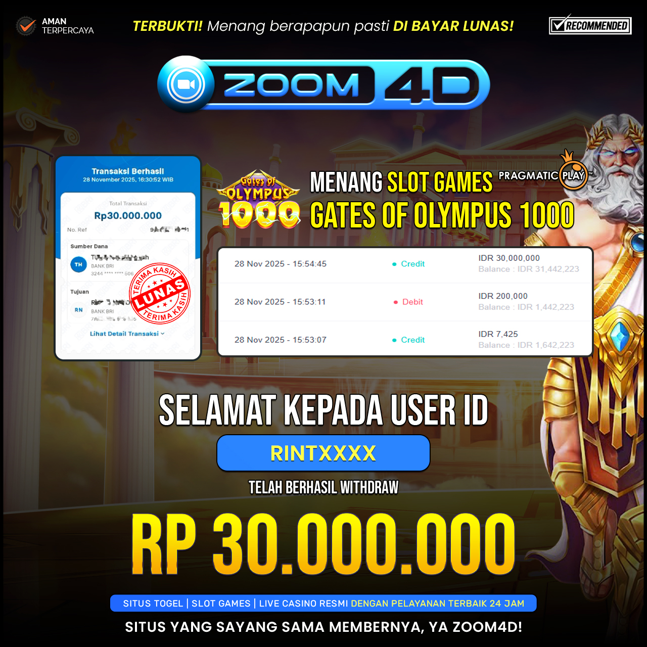 Selamat Kepada user RINTXXXX  yang baru saja membuktikan ketangguhannya dengan WITHDRAW sensasional sebesar Rp.30.000.000.