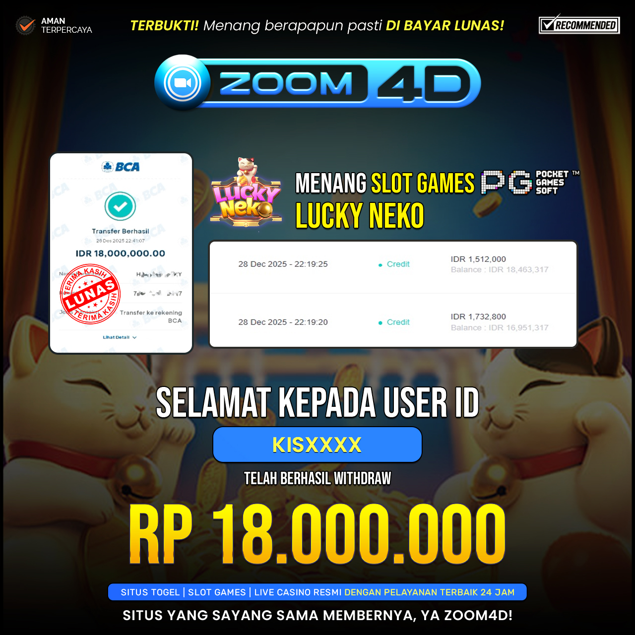 Selamat Kepada user KISXXXX yang baru saja membuktikan ketangguhannya dengan WITHDRAW sensasional sebesar Rp.18.000.000.