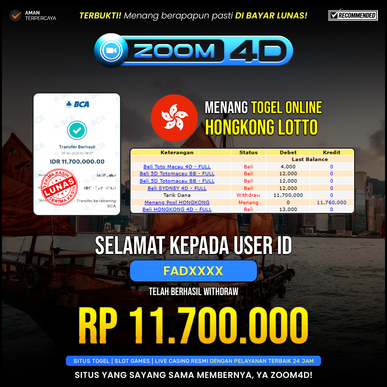 Selamat Kepada user FADXXXX  yang baru saja membuktikan ketangguhannya dengan WITHDRAW sensasional sebesar Rp.11.700.000.