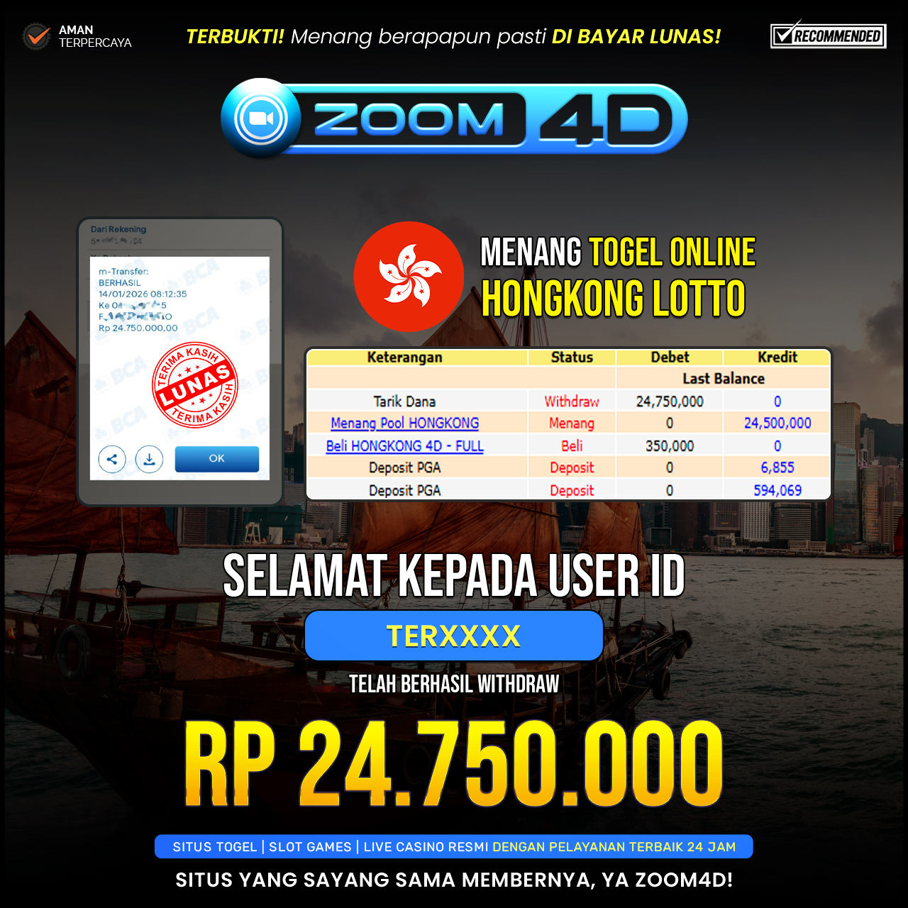 Selamat Kepada user TERXXXX yang baru saja membuktikan ketangguhannya dengan WITHDRAW sensasional sebesar Rp.24.750.000.