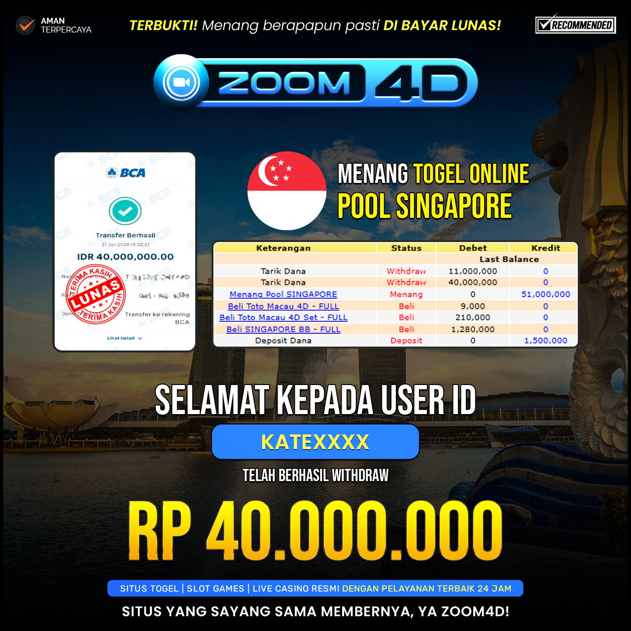 Selamat Kepada user KATEXXXX yang baru saja membuktikan ketangguhannya dengan WITHDRAW sensasional sebesar Rp.40.000.000.