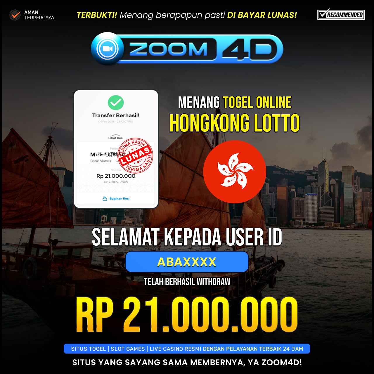 Selamat Kepada user ABAXXXX yang baru saja membuktikan ketangguhannya dengan WITHDRAW sensasional sebesar Rp.21.000.000.