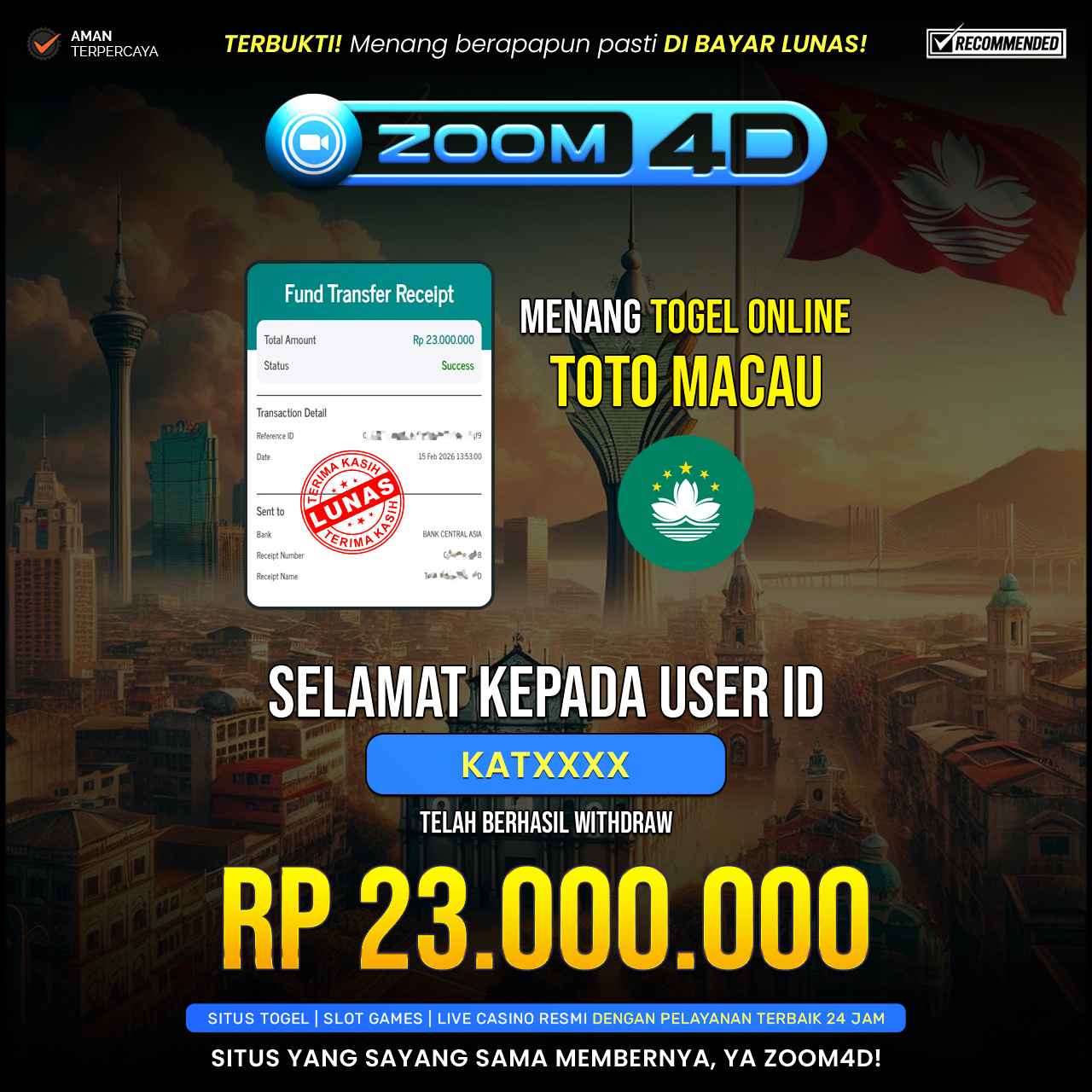 Selamat Kepada user KATXXXX yang baru saja membuktikan ketangguhannya dengan WITHDRAW sensasional sebesar Rp.23.000.000.