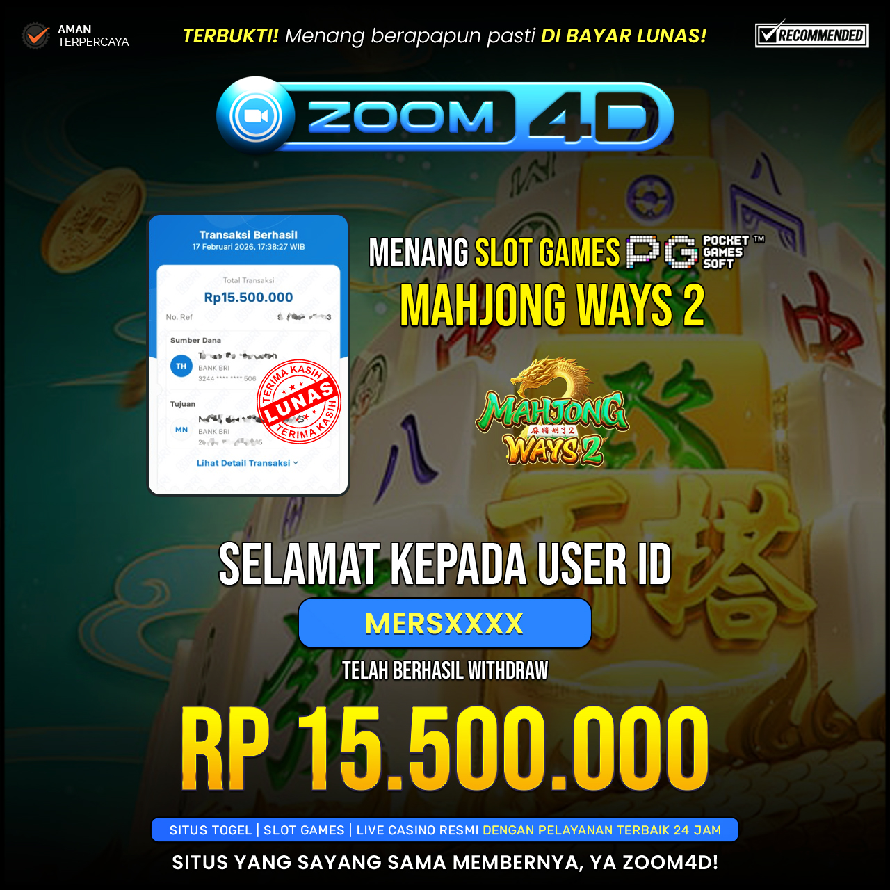 Selamat Kepada user MERSXXXX yang baru saja membuktikan ketangguhannya dengan WITHDRAW sensasional sebesar Rp.15.500.000.